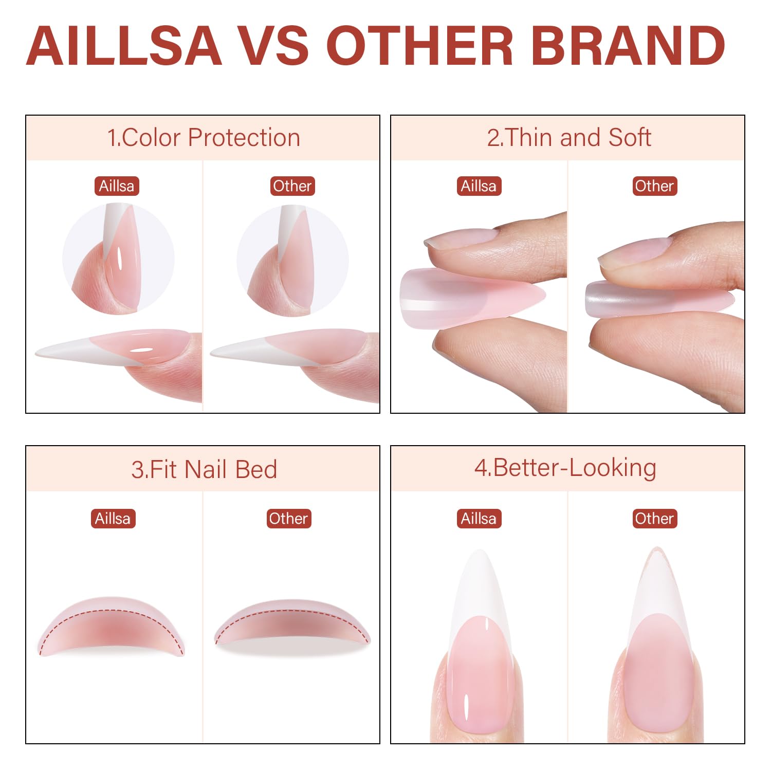 AILLSA uñas stiletto largas, estilo moderno y aplicación rápida.