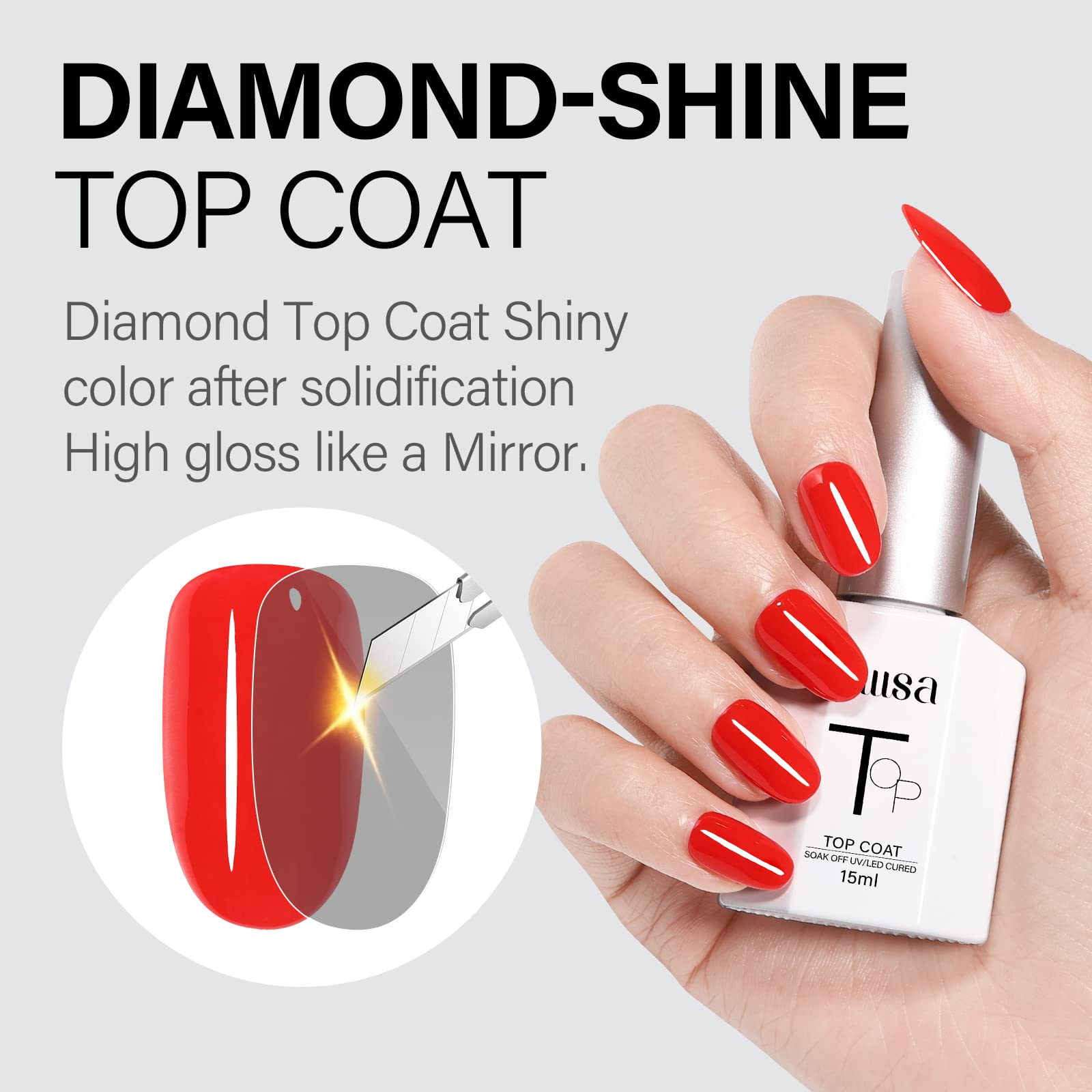 Swatch strip shows AILLSA glossy gel finish with vibrant color results.