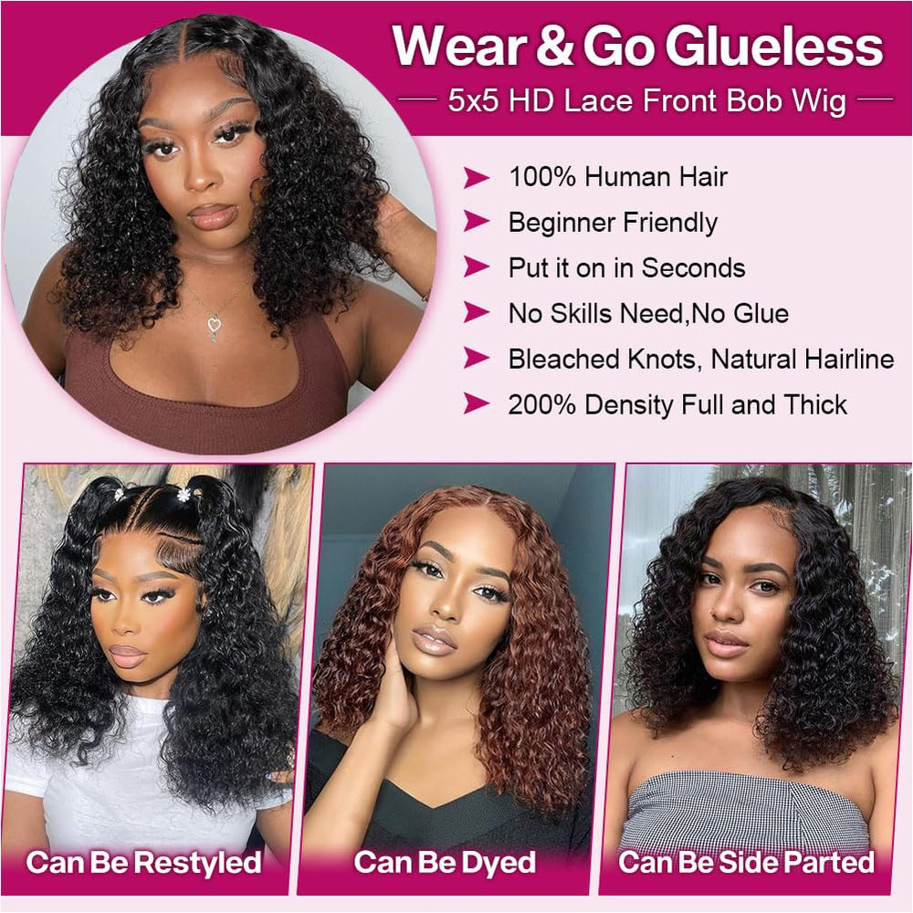 Ailwelia Curly Bob Wig 5x5 lace closure detail with bleached knots
