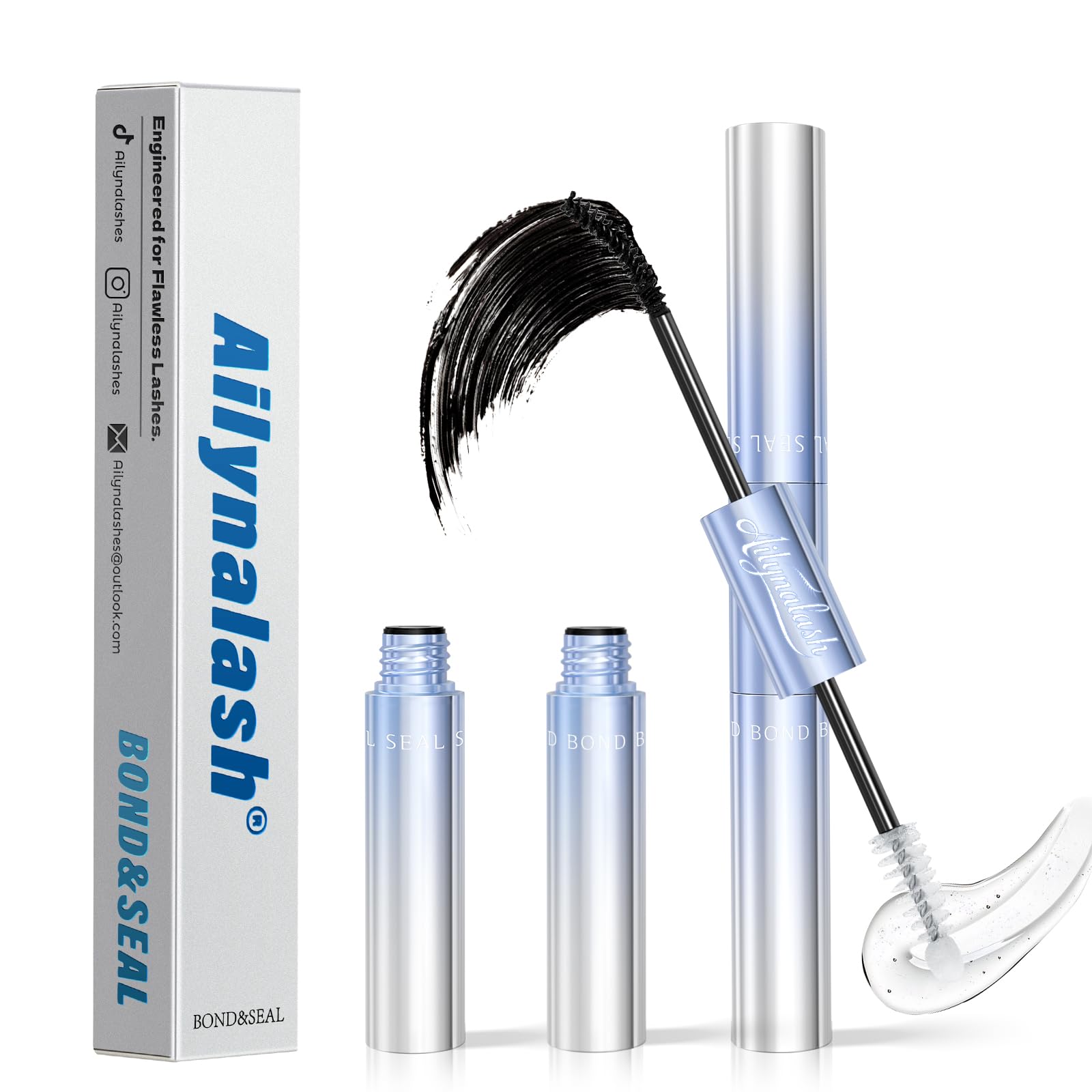 Ailynalash lash cluster glue bottle showing long-lasting, waterproof hold for all-day wear.