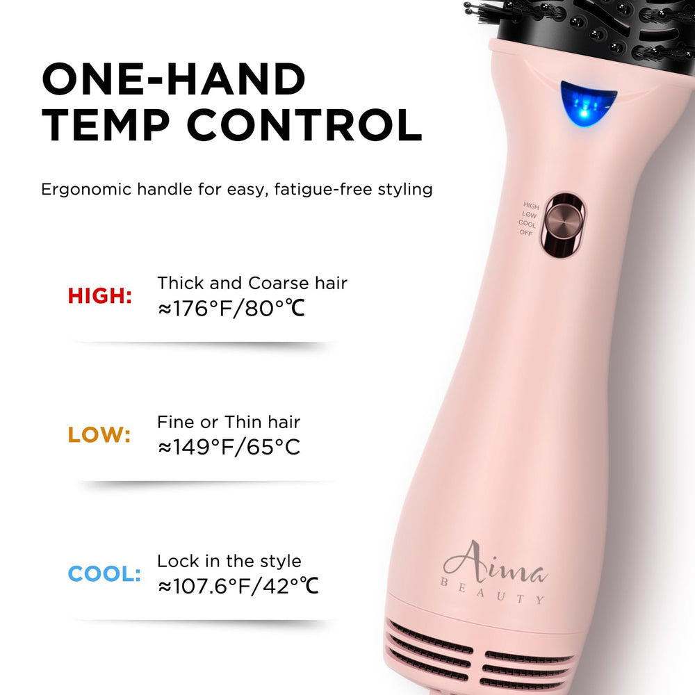 Aima Beauty ergonomic handle and swivel cord to reduce styling fatigue.