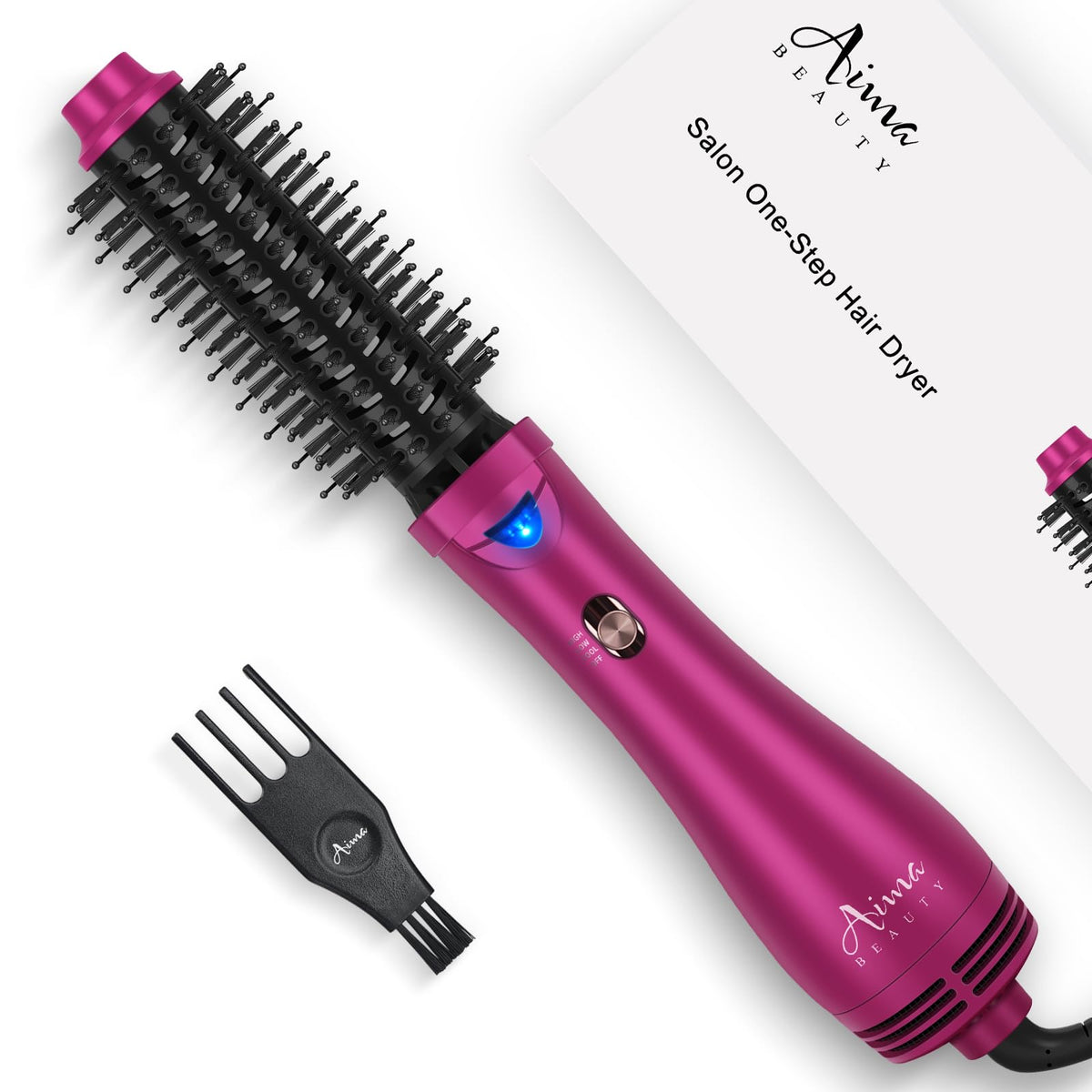Aima Beauty One Step Dryer in rose pink with lifted roots and smooth finish.