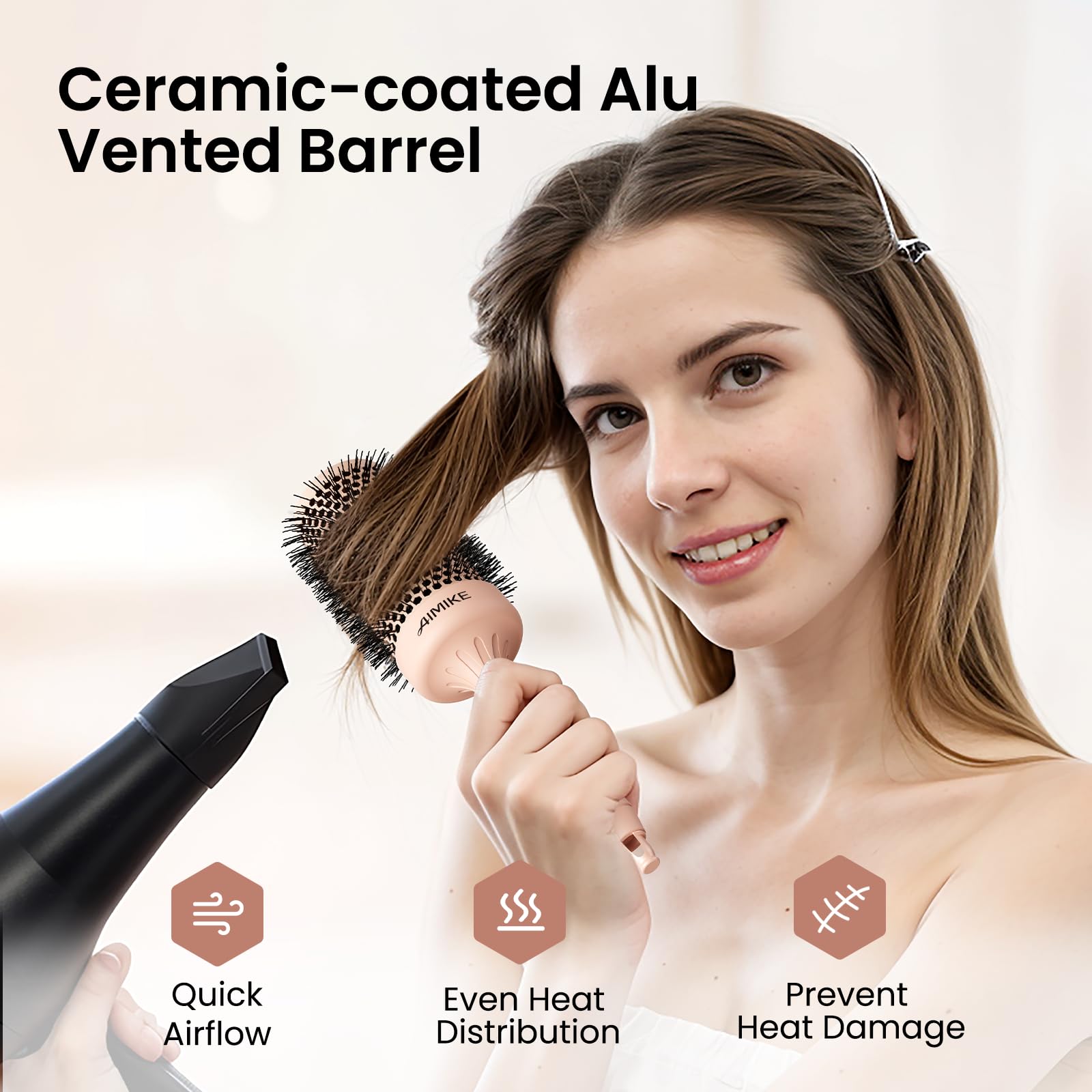AIMIKE anti-static bristles reduce snagging during styling.