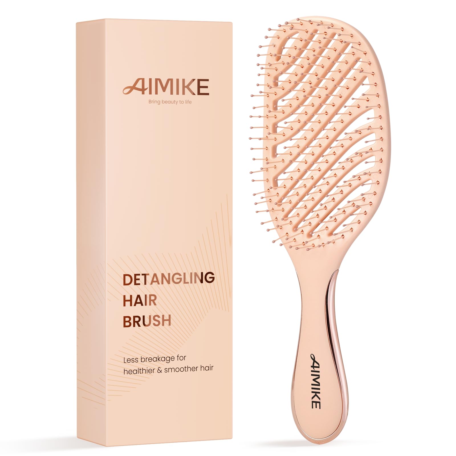 AIMIKE Rose Luxe Detangler Brush top view shows gentle detangling on damp hair.