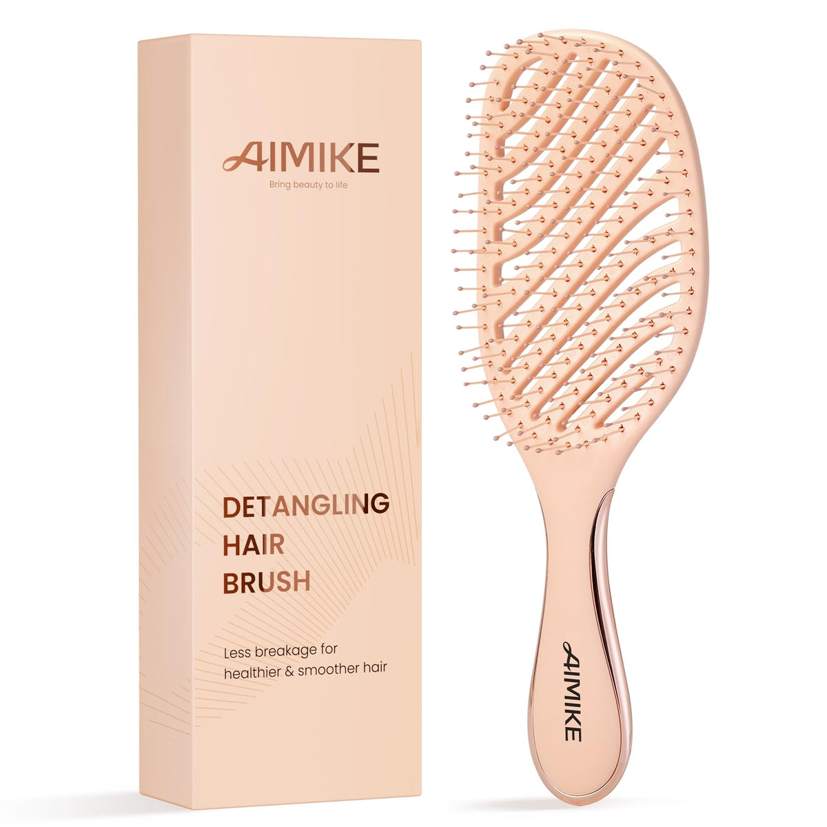 AIMIKE Rose Luxe Detangler Brush top view shows gentle detangling on damp hair.