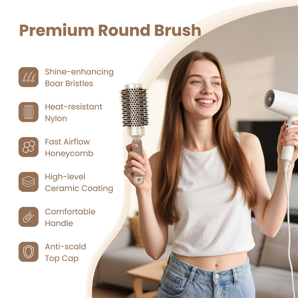 AIMIKE natural boar bristles round brush distributes scalp oils for smoother, shinier hair