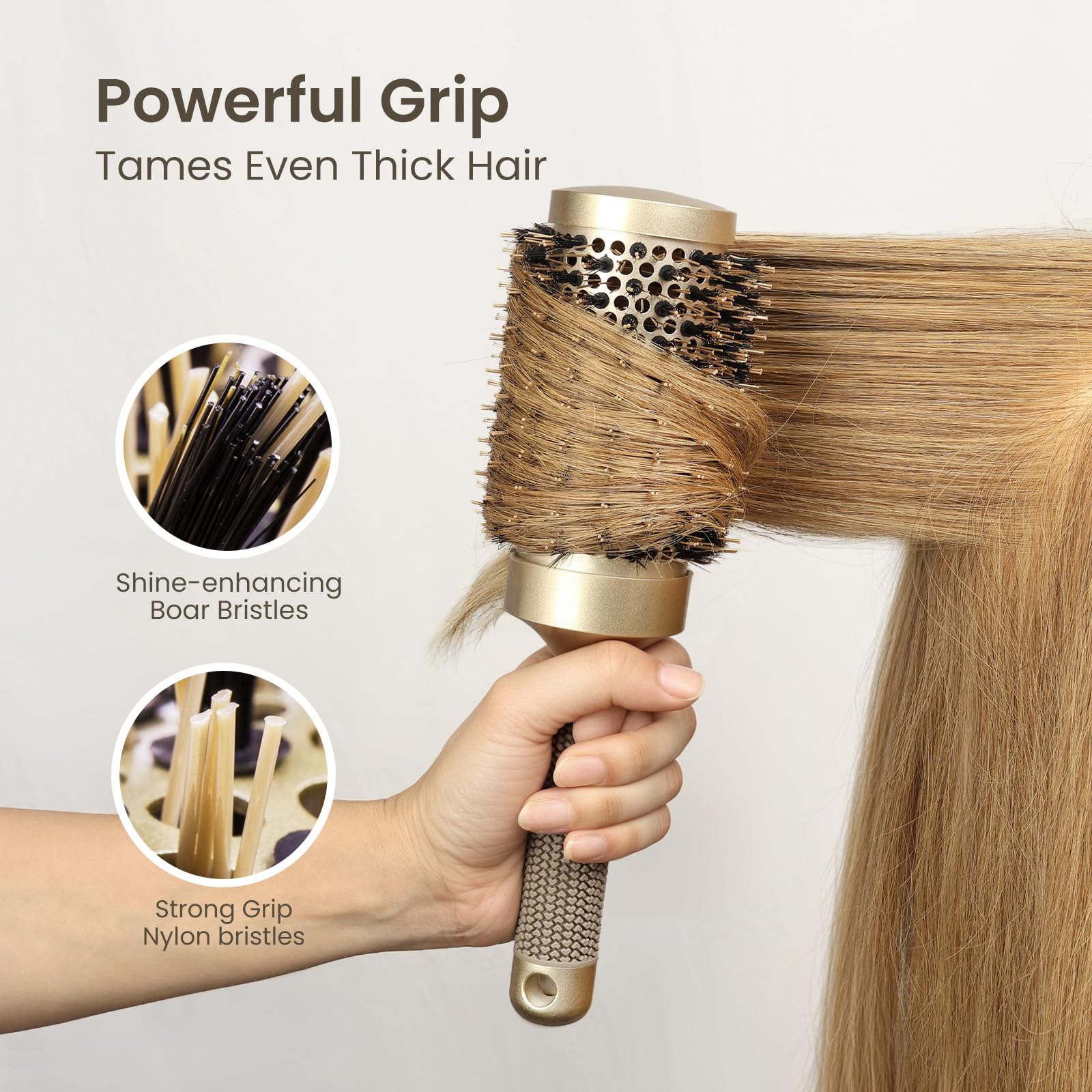 AIMIKE Round Hair Brush showing sleek finish and enhanced shine on styled hair