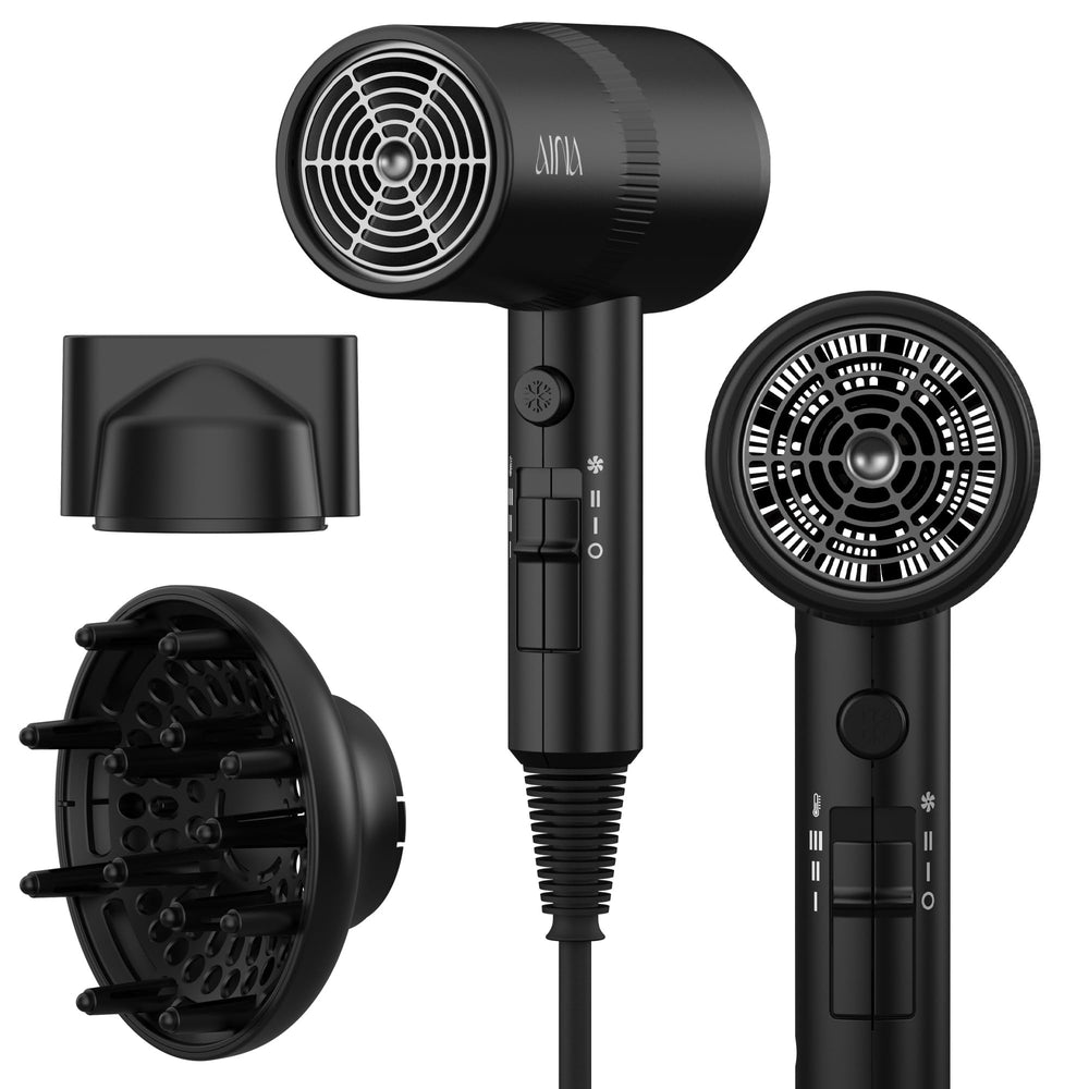 AINA hair dryer with diffuser Vader Black for even airflow and frizz control.