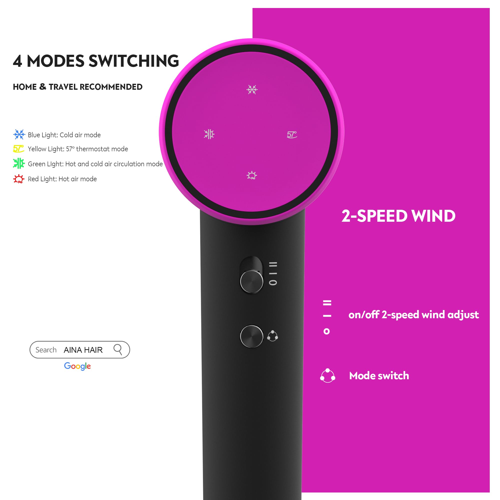AINA hair dryer emits ions to help reduce frizz and boost shine