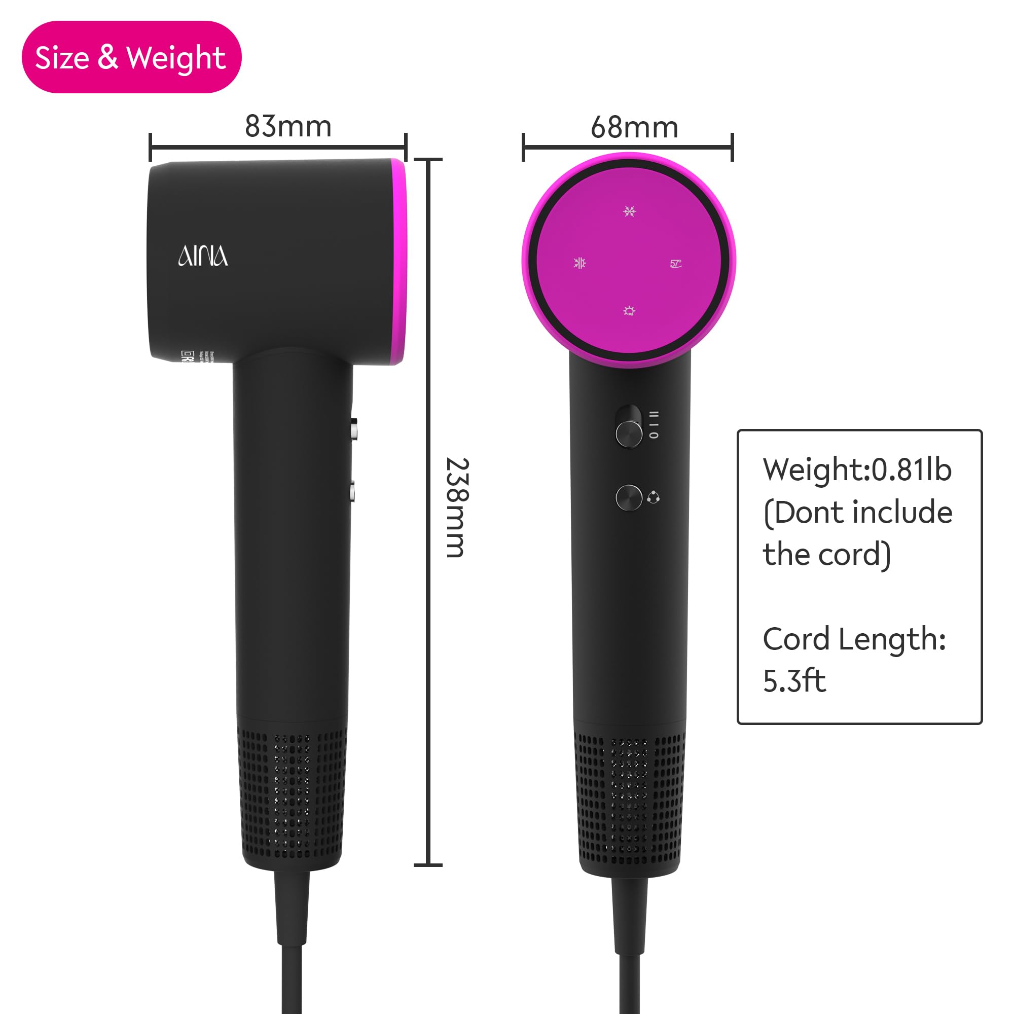 AINA hair dryer in compact, lightweight form ideal for travel