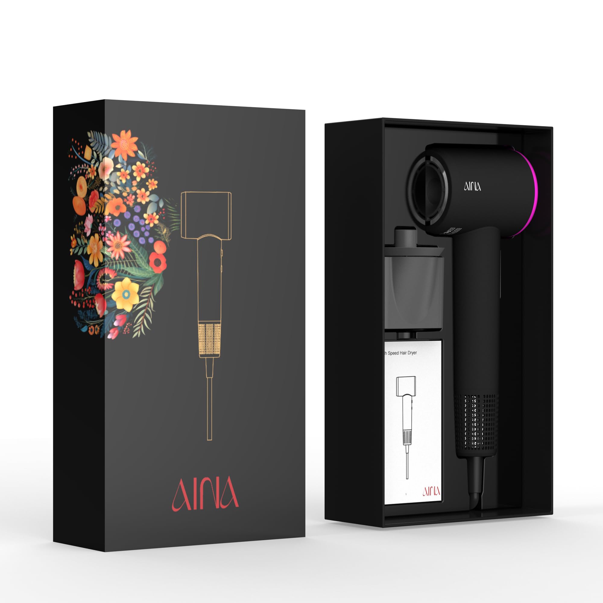 AINA hair dryer showing IQ chip temperature control for safe use