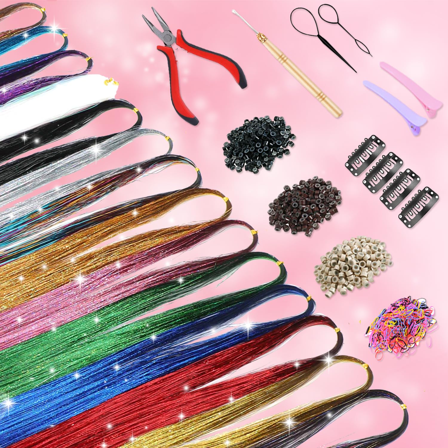 Ainani rubber bands set helps create adjustable tinsel installations.