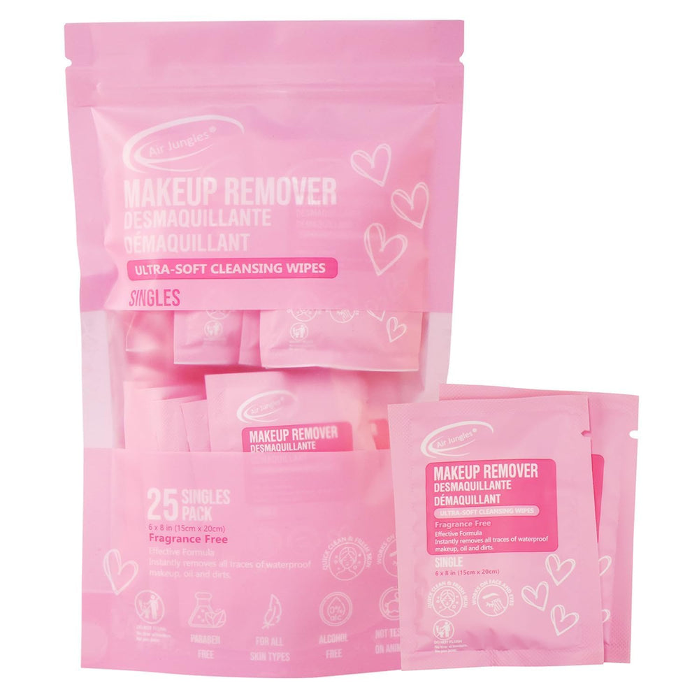Air Jungles pink makeup remover wipes packaging for travel-ready cleansing on the go