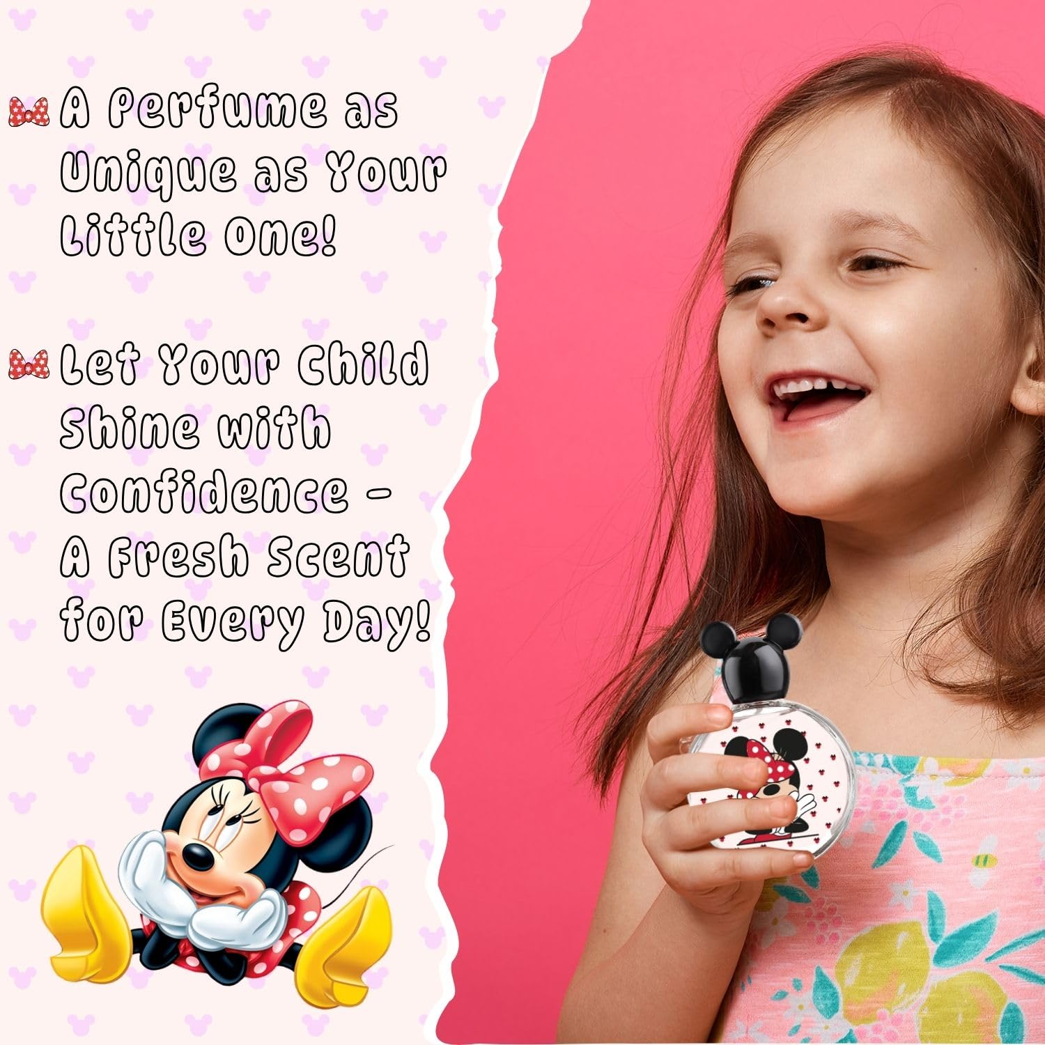 Minnie Mouse EDT spray bottle in colorful box, convenient travel companion.