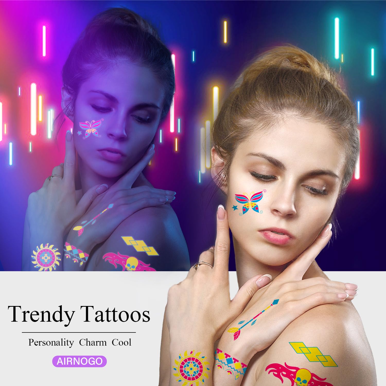 AirNOGO dream catcher tattoos add bohemian flair in neon lighting.