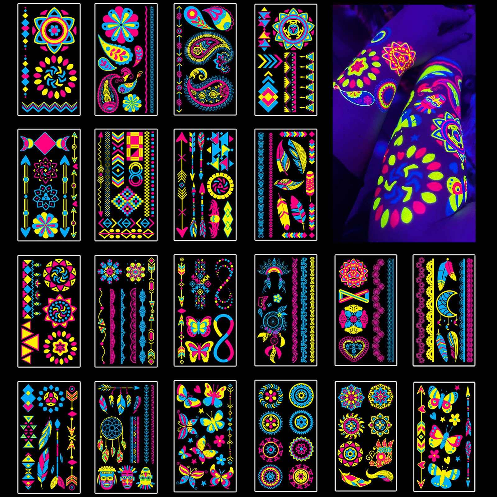 AirNOGO glow tattoo pack under UV light for vibrant neon party style.