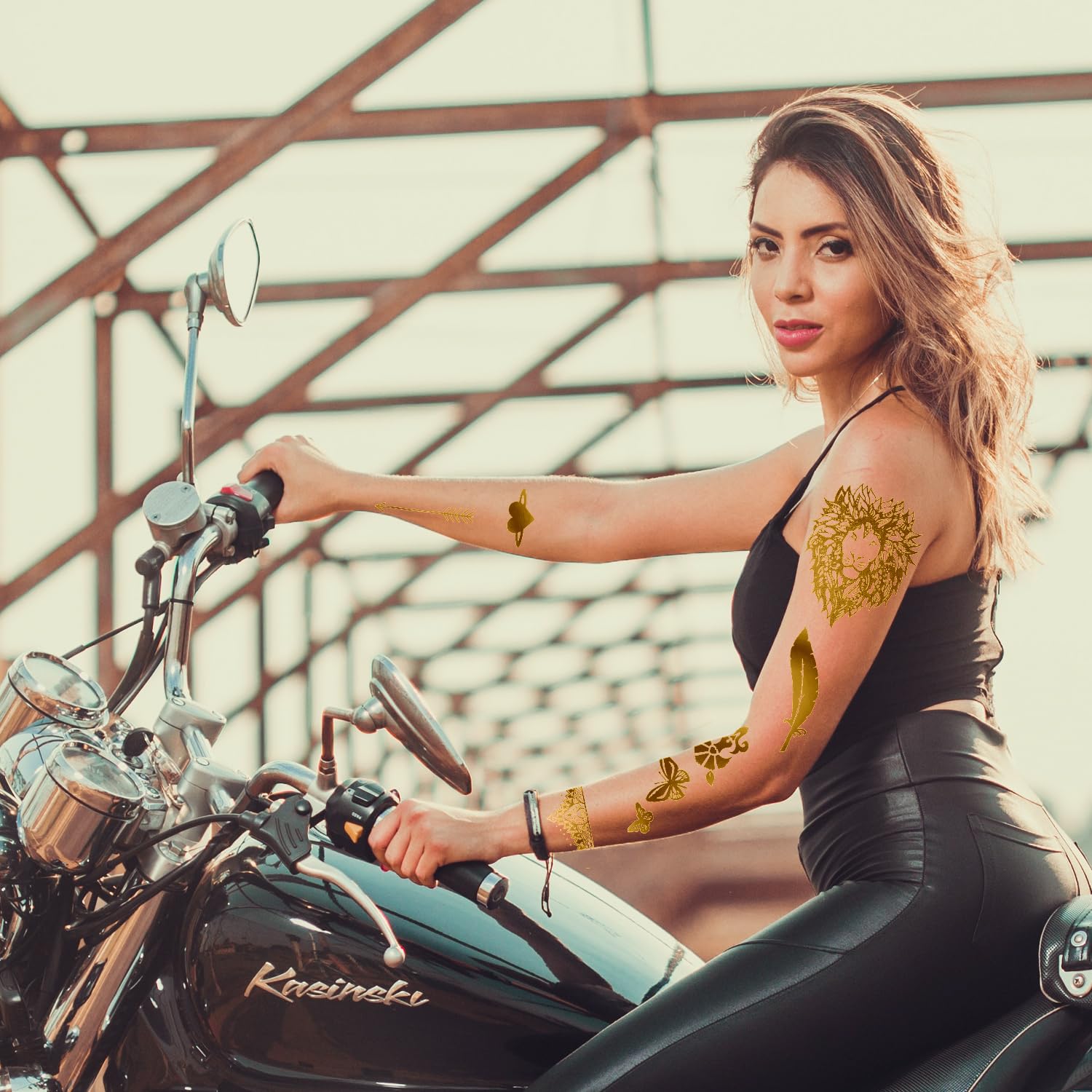 AIRNOGO gold lion motif tattoo adds bold flair to playful outfits