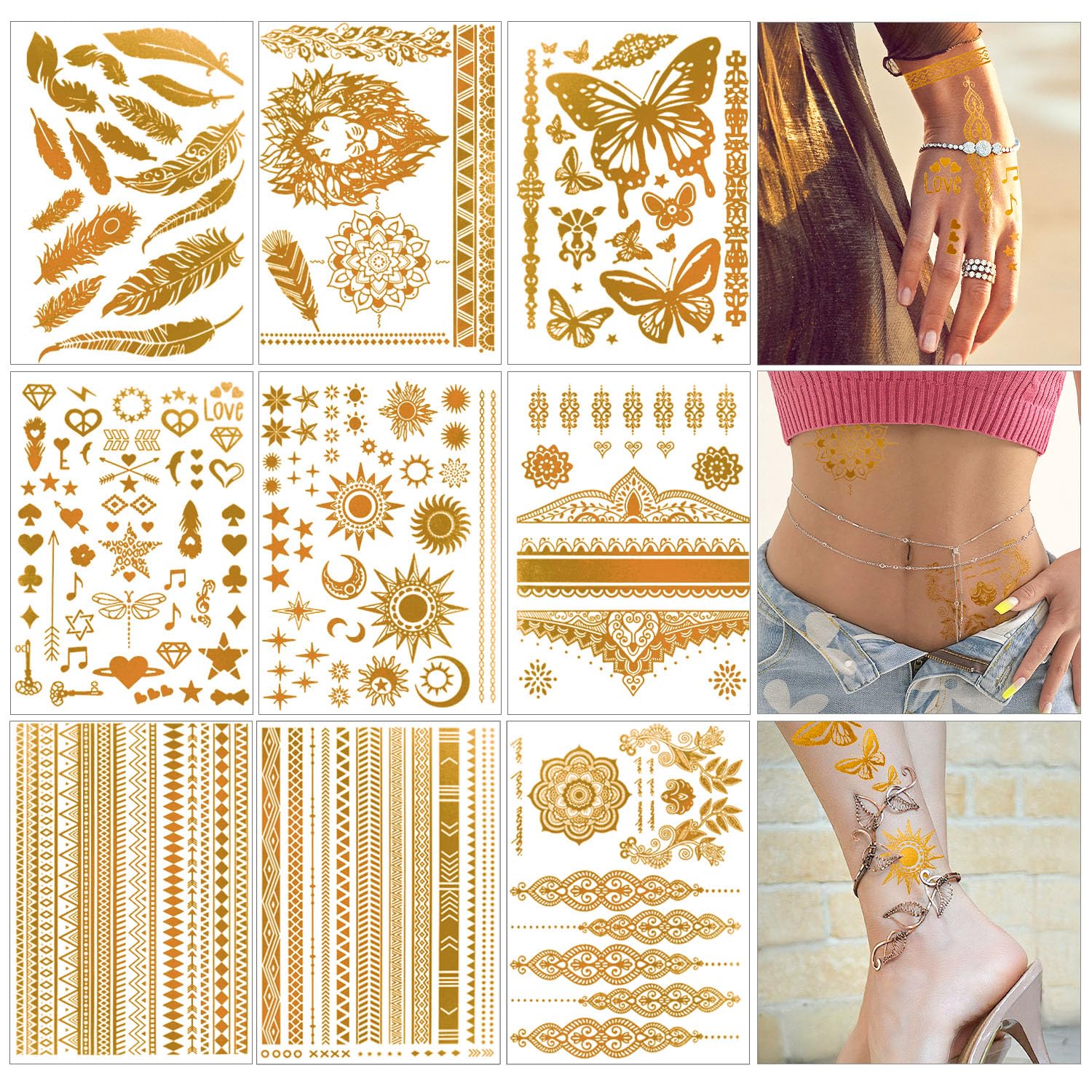 AIRNOGO gold temporary tattoos pack with 110 pieces for festive party looks