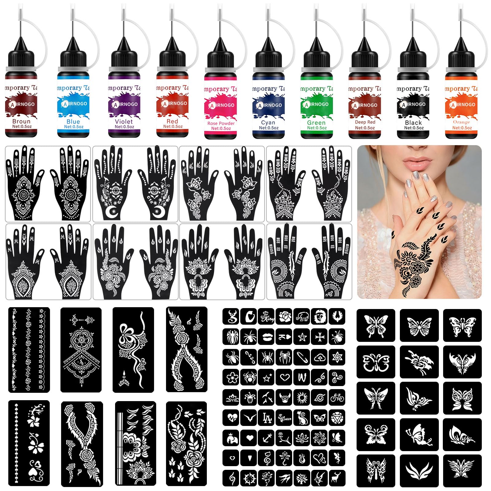 AirNOGO kit tatuaje temporal frente del set, ideal para fiestas y arte corporal DIY