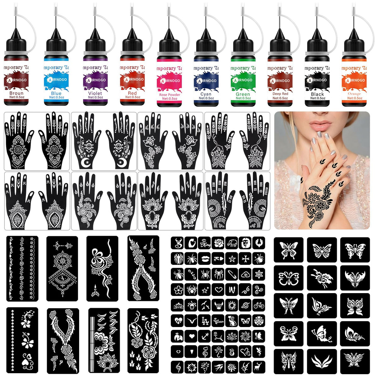 AirNOGO kit tatuaje temporal frente del set, ideal para fiestas y arte corporal DIY
