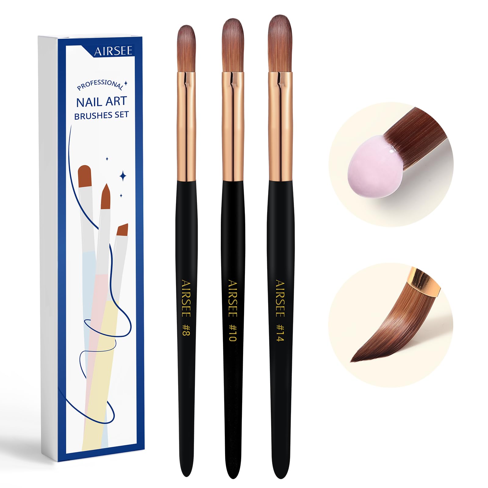 Airsee 3-piece acrylic brush set with bristles for precise powder pickup.