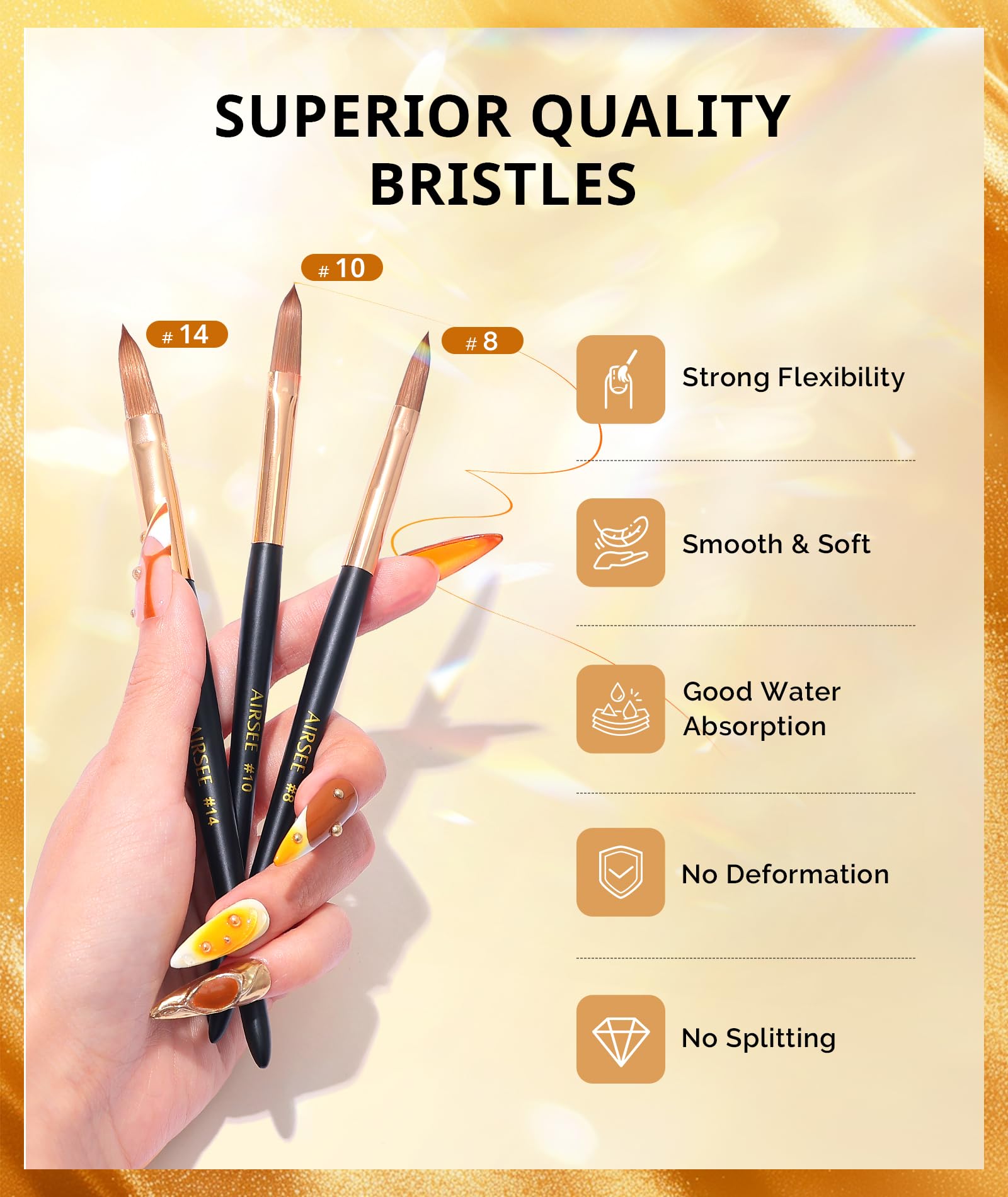 Airsee acrylic brush set with elegant black-gold handle for better grip.