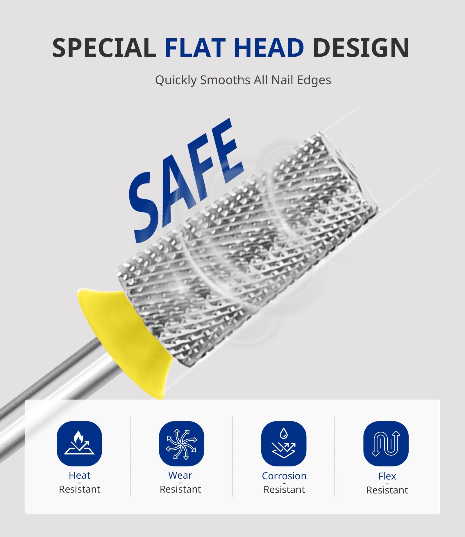 AirSee flat top tapered barrel bit protects cuticles during use.