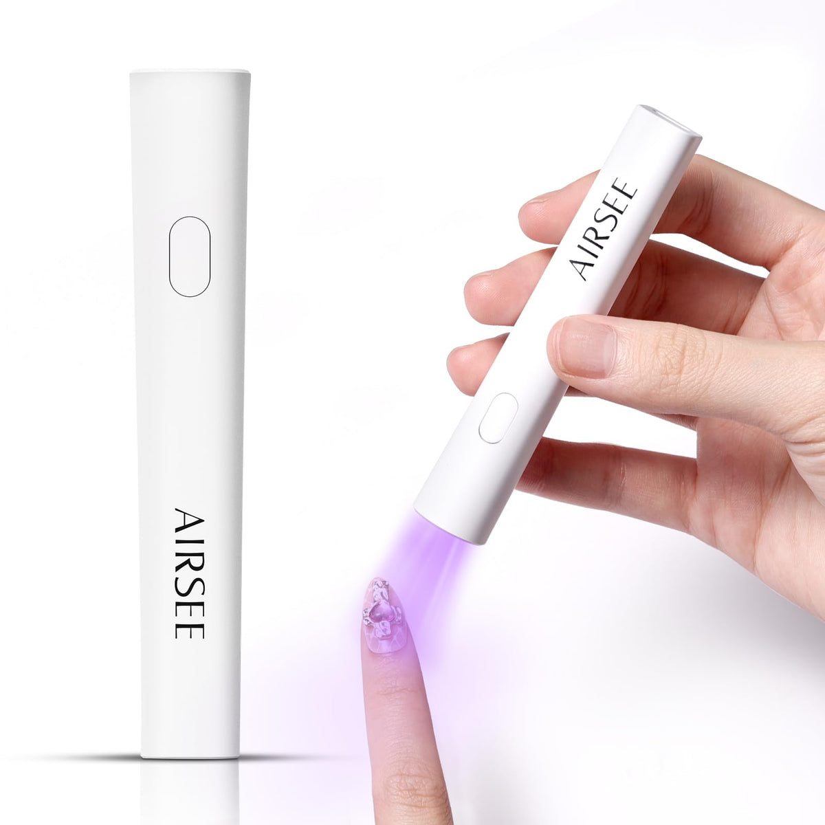 AIRSEE mini handheld UV nail lamp front view shows compact design for quick gel cures