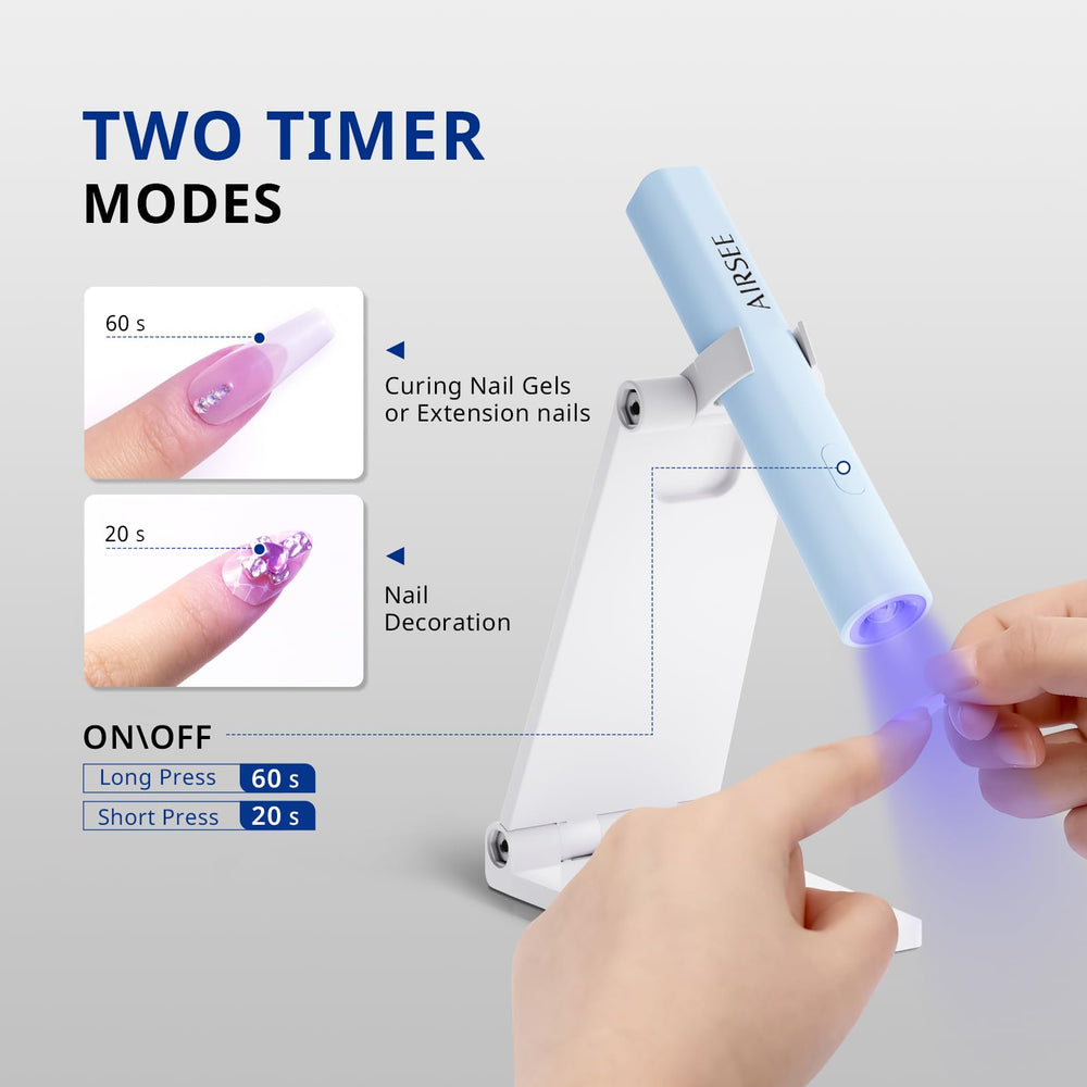 AirSEE Mini UV light with 270-degree folding stand for versatile manicures.