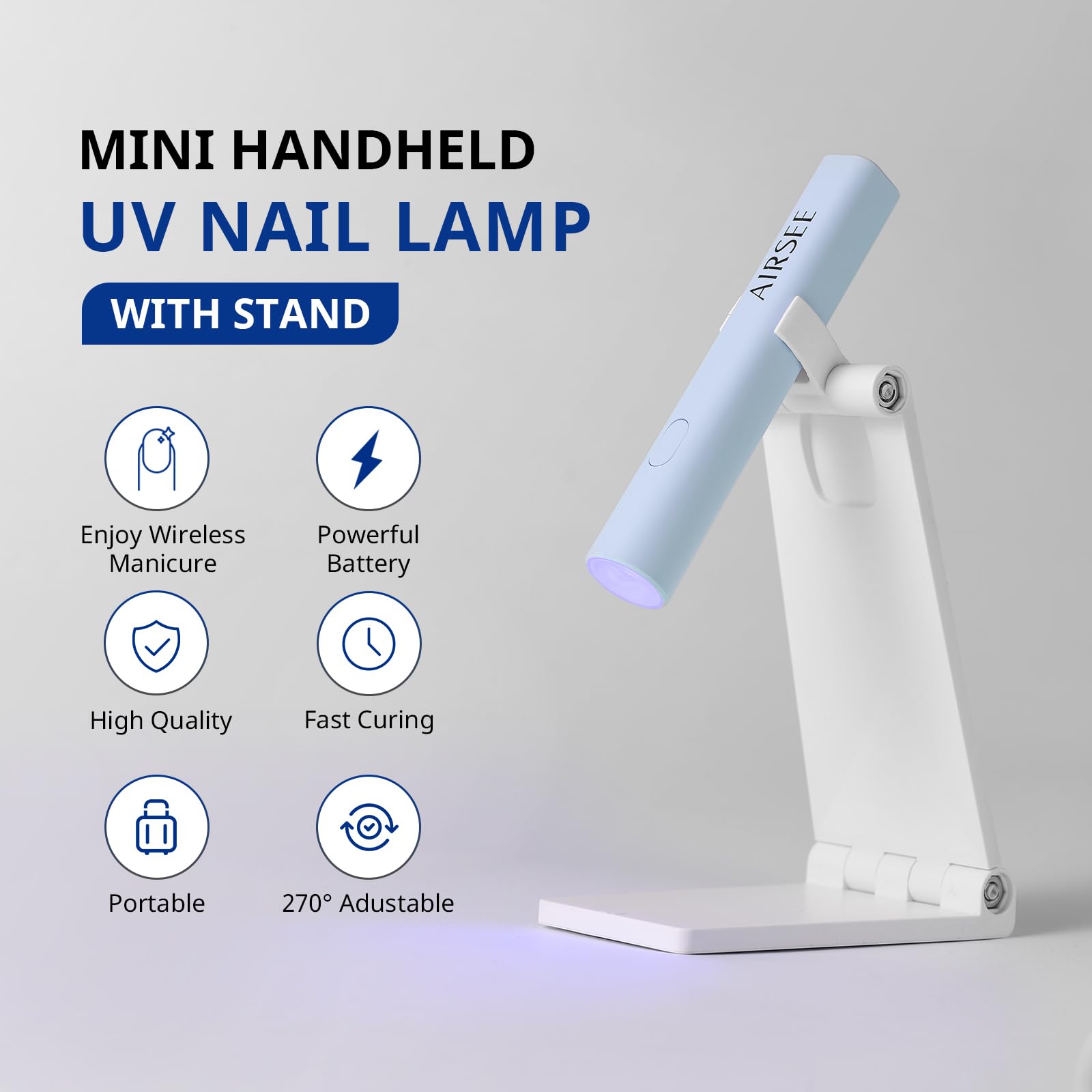 AirSEE Mini UV light showing rechargeable battery for cordless use.