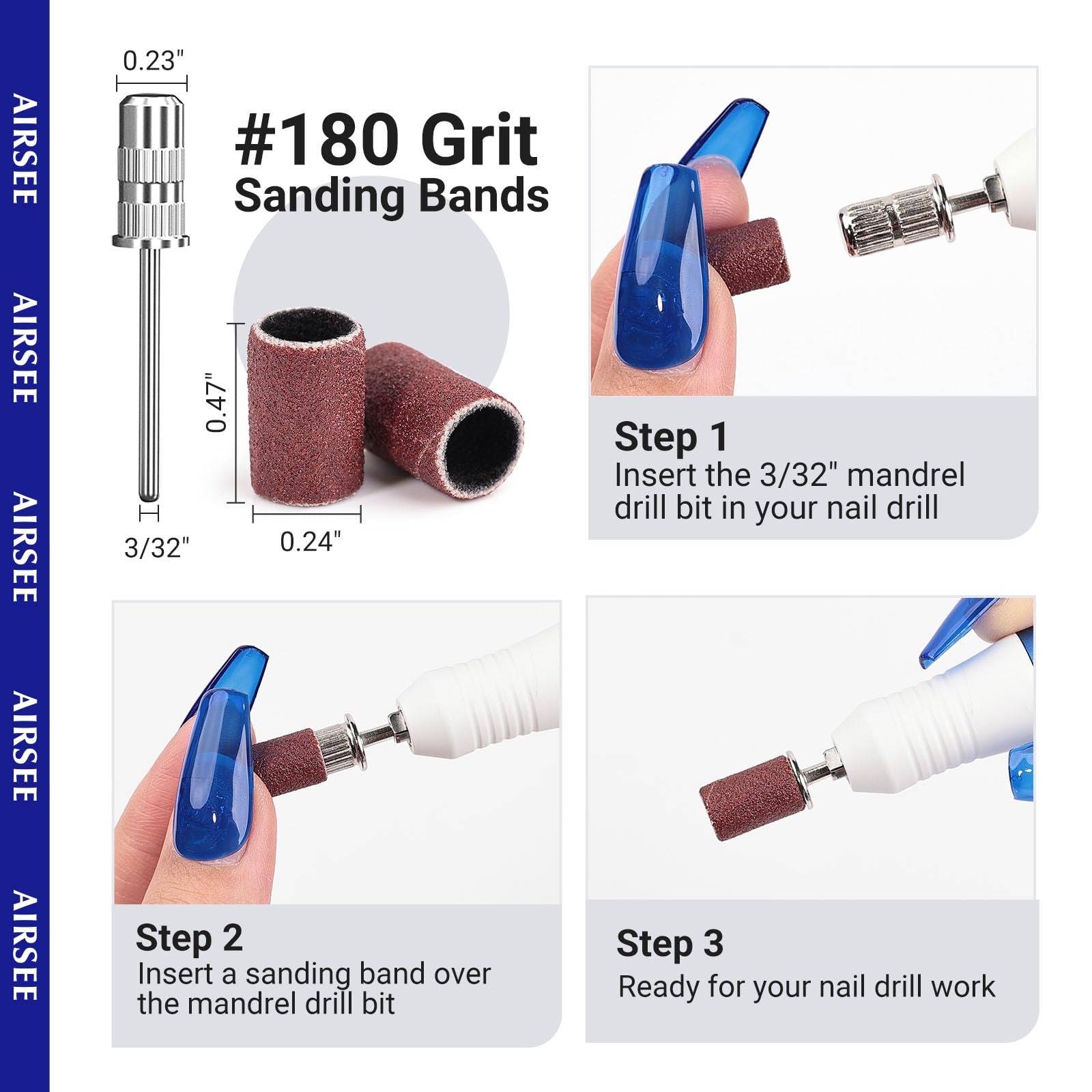 AirSee nail drill bands with 3-32 shank compatibility for reliable drill use