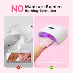 Extended finger section provides full finger coverage during manicures.