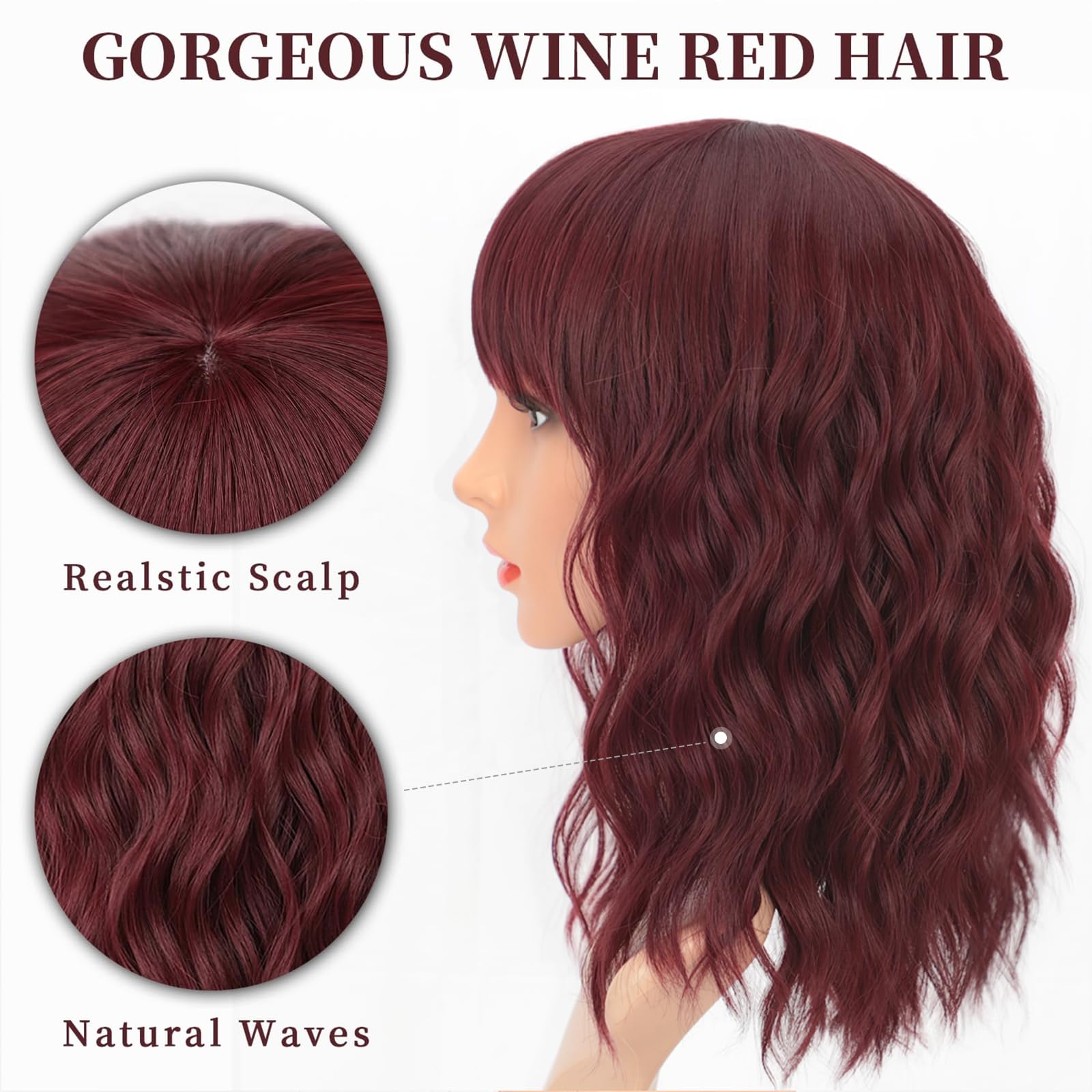 AISI HAIR wine red curly wig with breathable net cap for comfort.