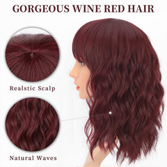AISI HAIR wine red curly wig with breathable net cap for comfort.