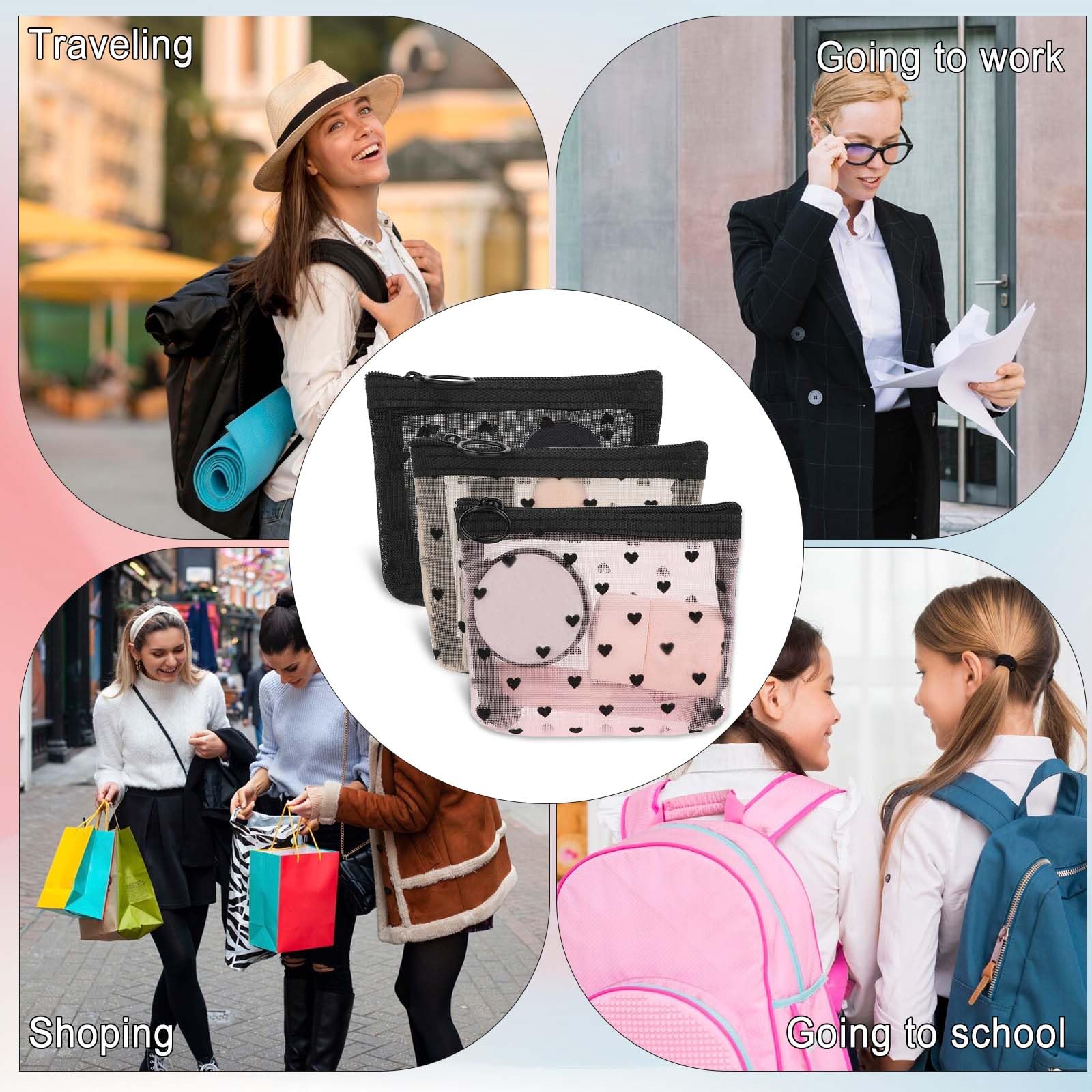 Aiyorse black heart-print mesh cosmetic bag with stylish storage.