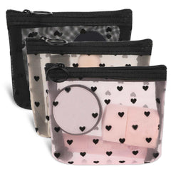 Aiyorse white heart-print mesh cosmetic bag for easy travel organization.
