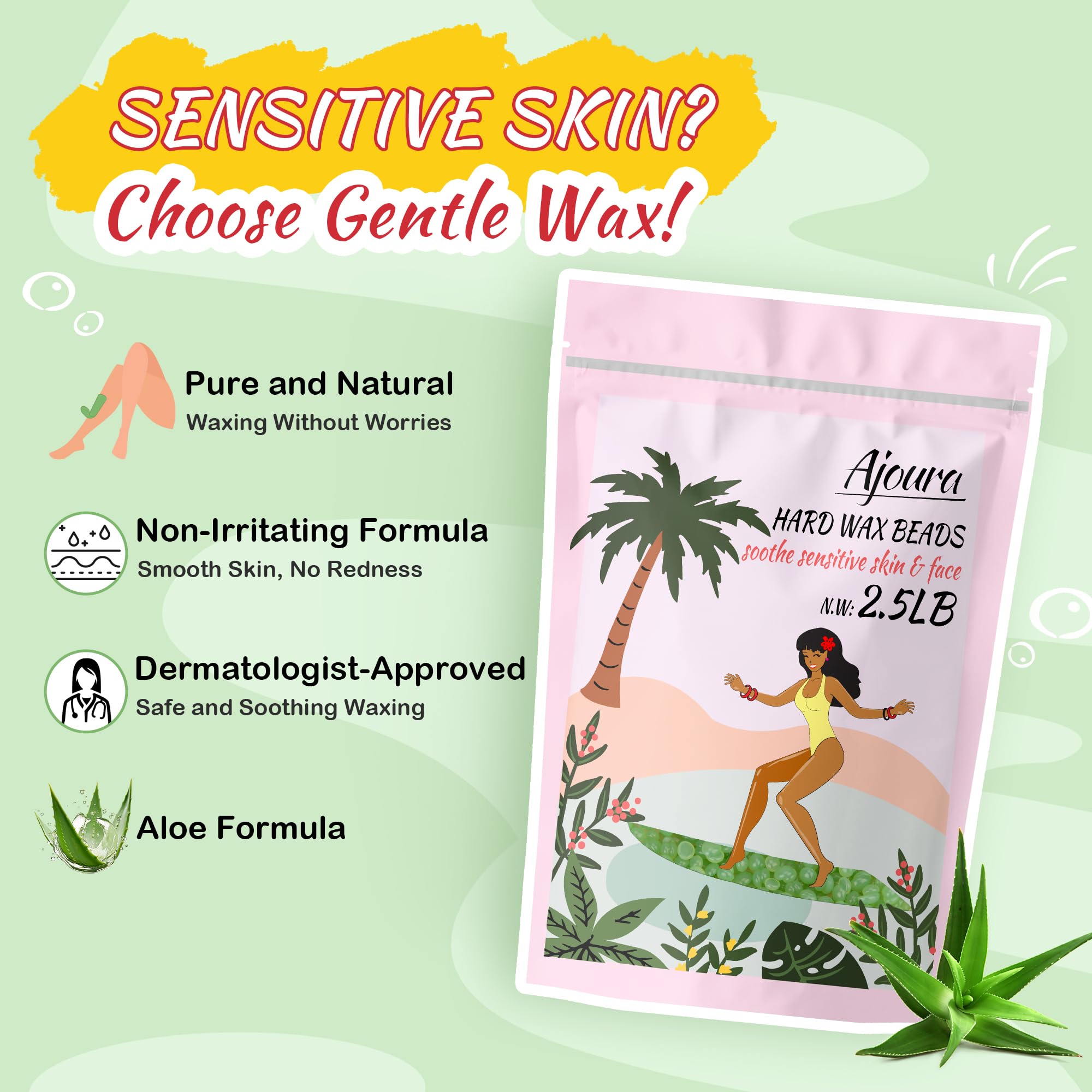 Ajoura Aloe Hard Wax Beads designed for sensitive skin with aloe infusion for comfort.