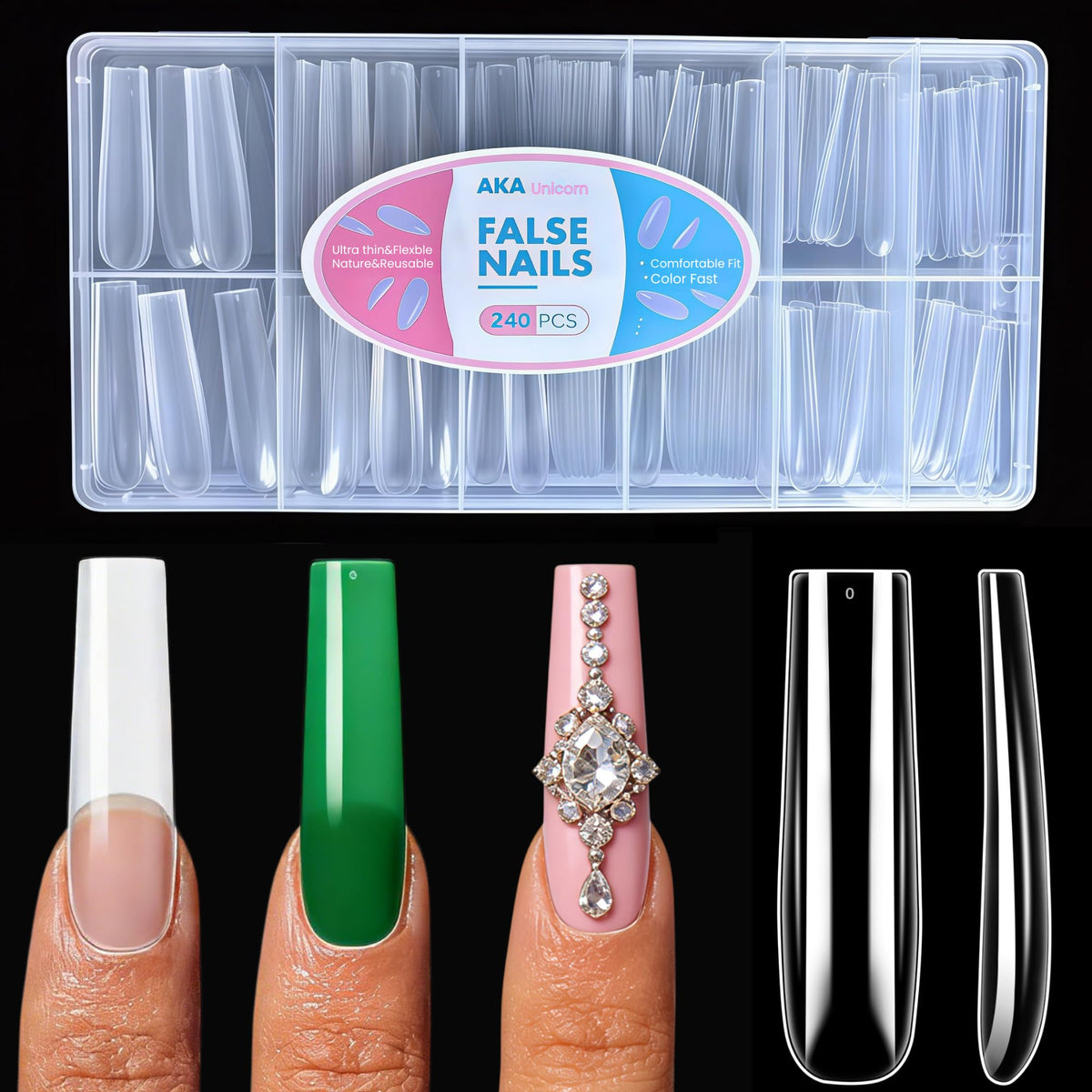 AKA Unicorn 240Pcs puntas de uñas gel transparentes, cubiertas completas para uso prolongado en casa
