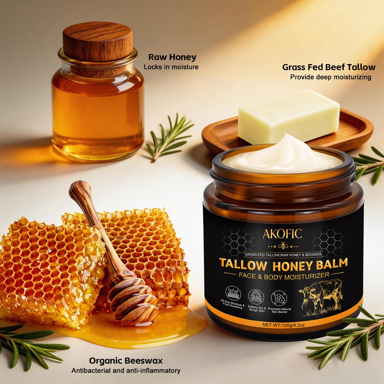 AKOFIC miel cruda y cera de abejas, ingredientes naturales.