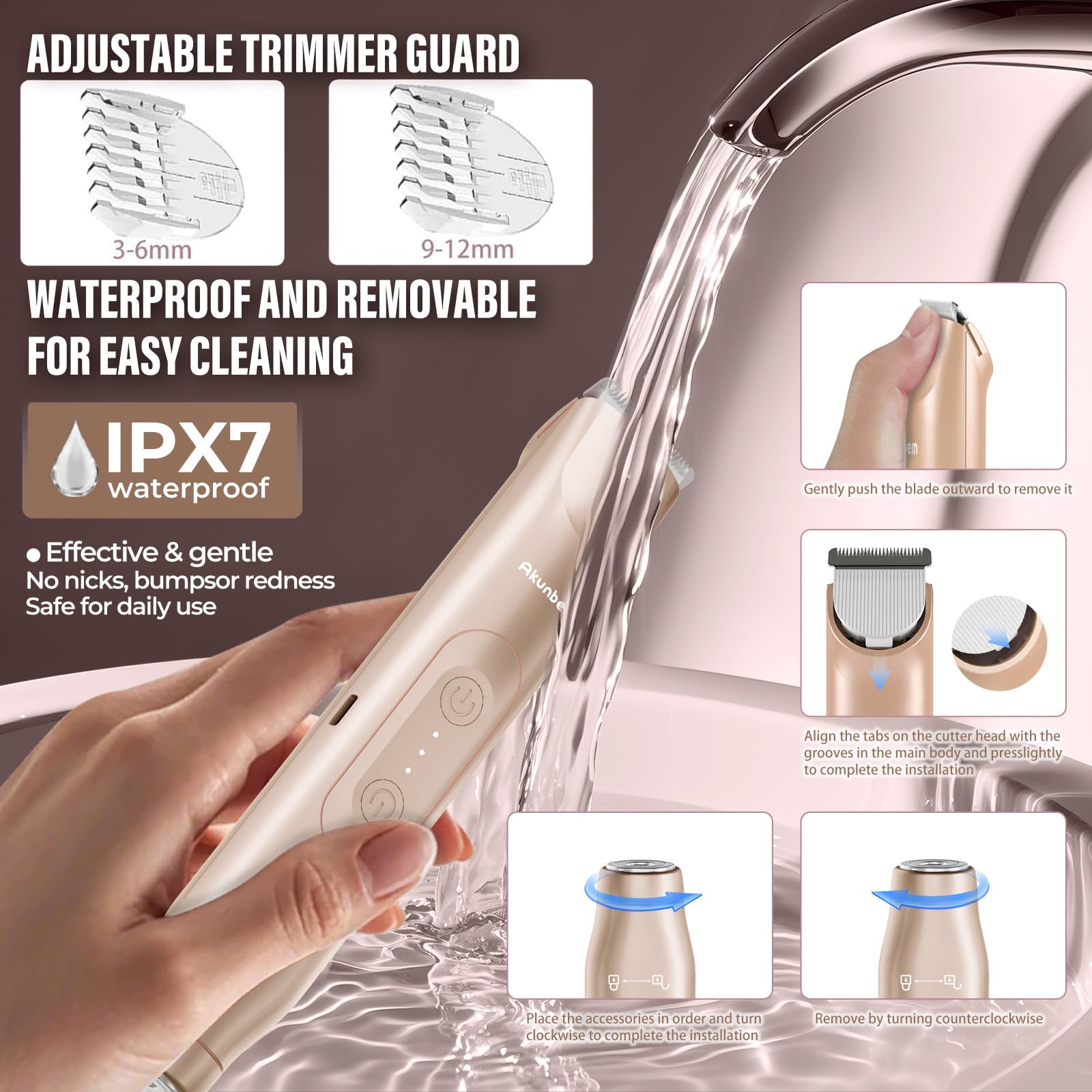 Akunbem IPX7 waterproof rating enables safe wet and dry sessions.
