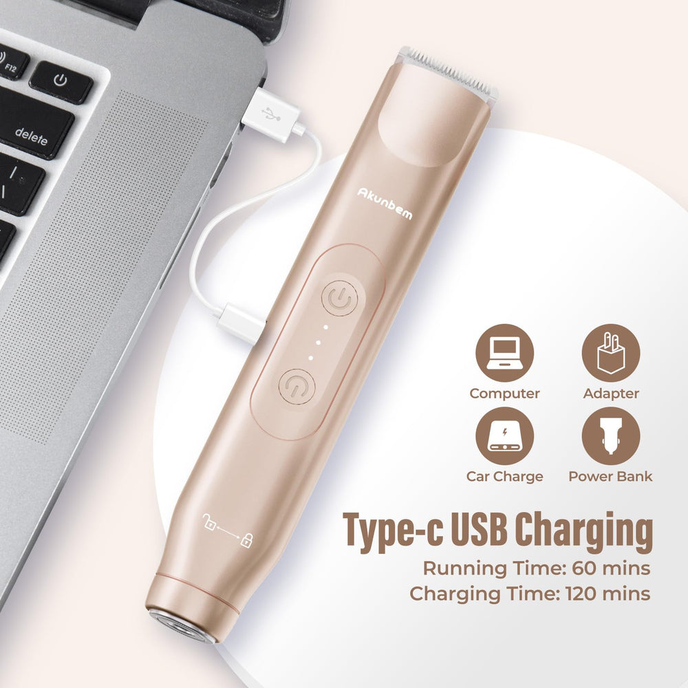 Akunbem rechargeable USB charging provides cordless grooming on the go.