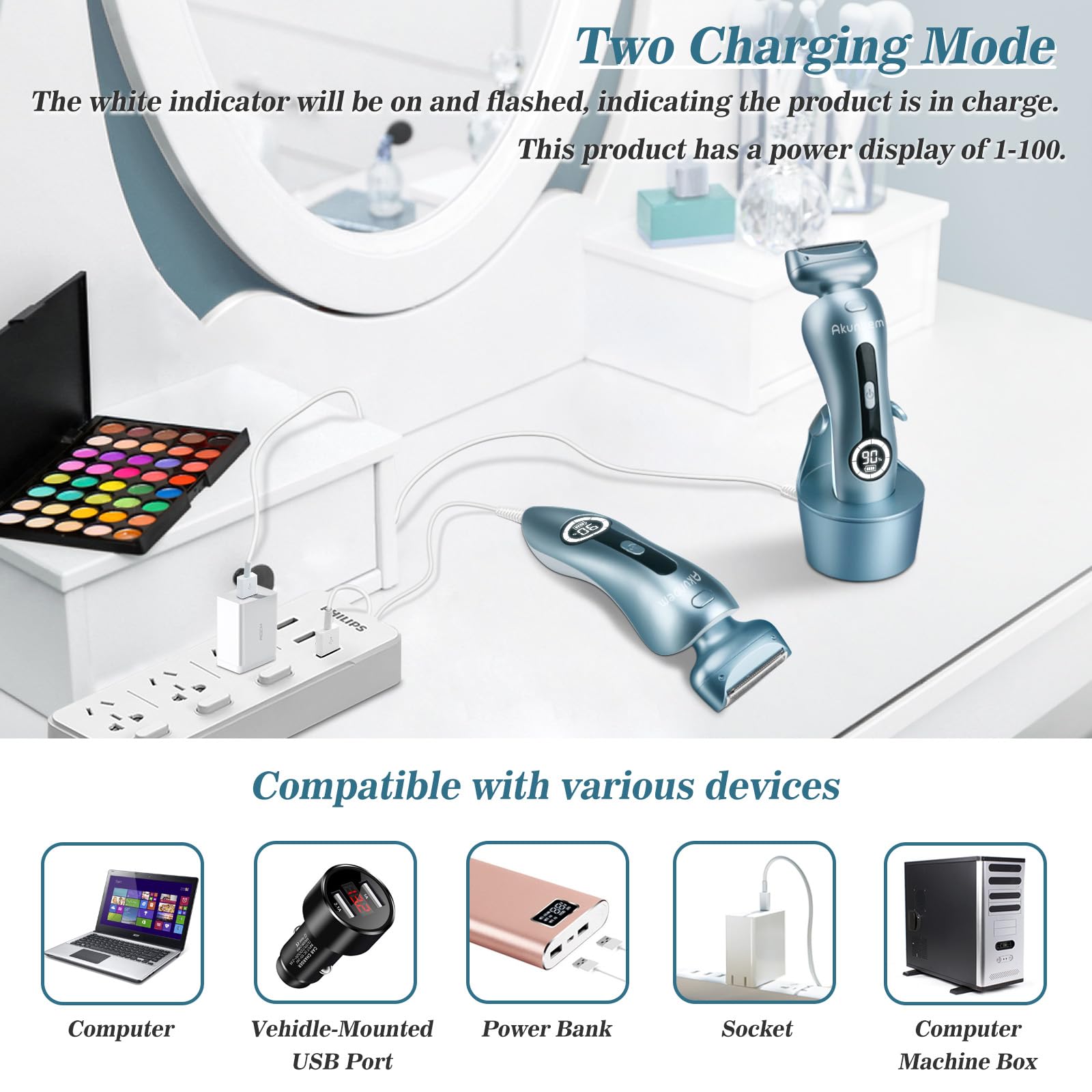 Akunbem shaver supports wet and dry use for versatility.