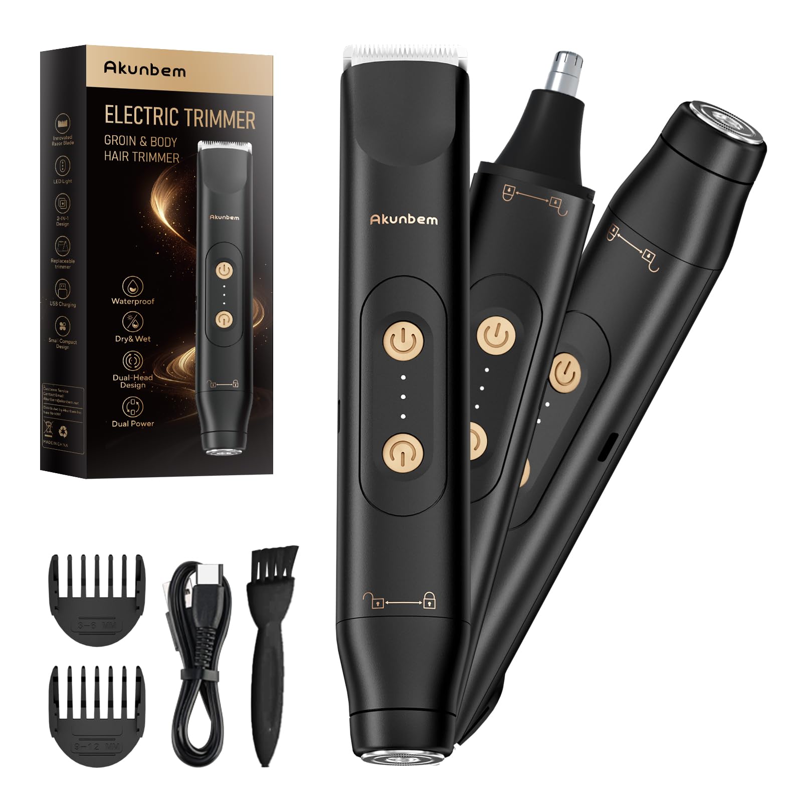 Akunbem dual-head shaver for versatile grooming across face and body.
