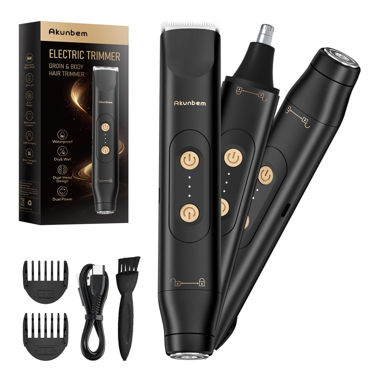 Akunbem dual-head shaver for versatile grooming across face and body.