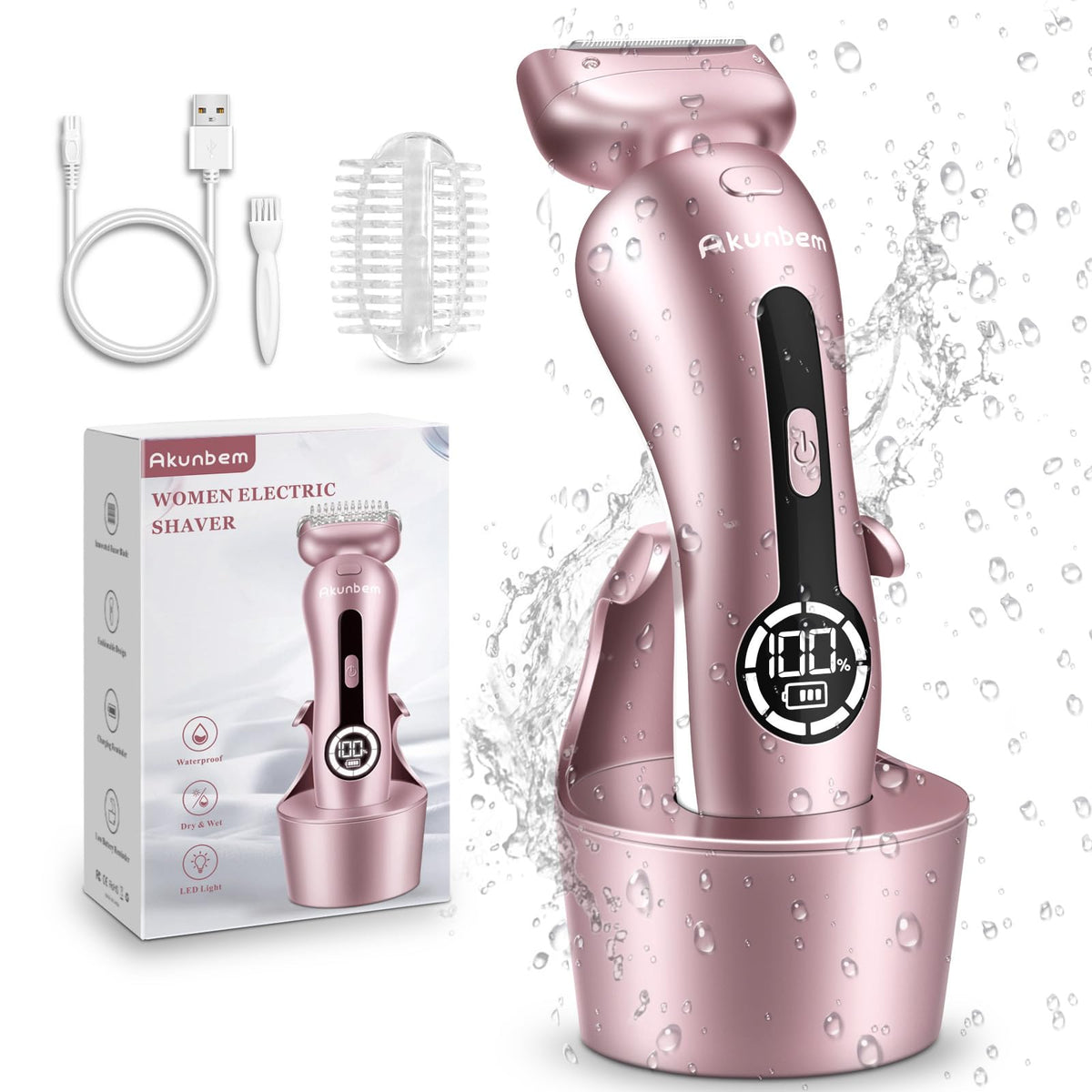 Akunbem womens electric shaver pink front view for smooth legs and bikini area