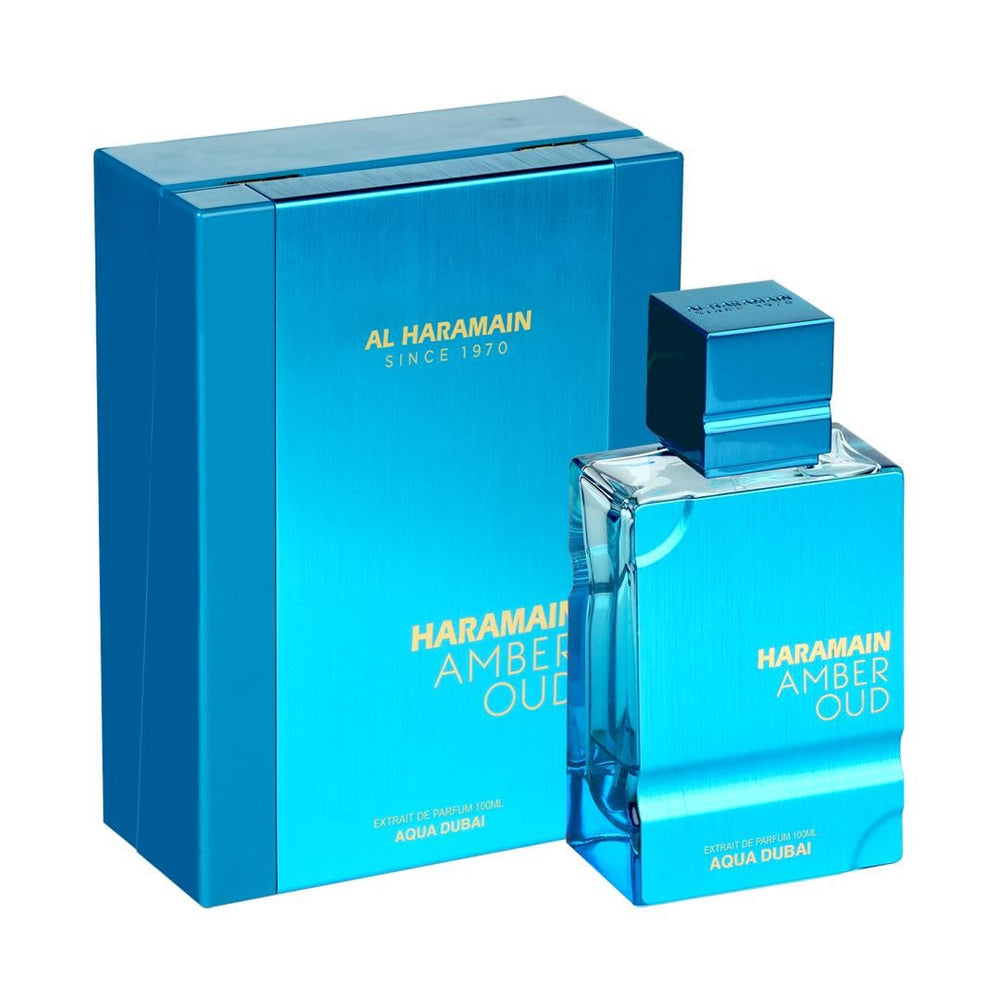 Al Haramain Amber Oud Aqua Dubai bottle showcase for unisex evening wear