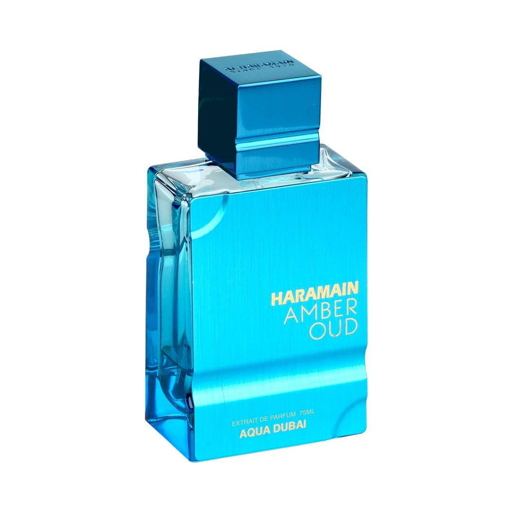 Al Haramain Amber Oud Aqua Dubai cap close-up highlighting luxury scent.