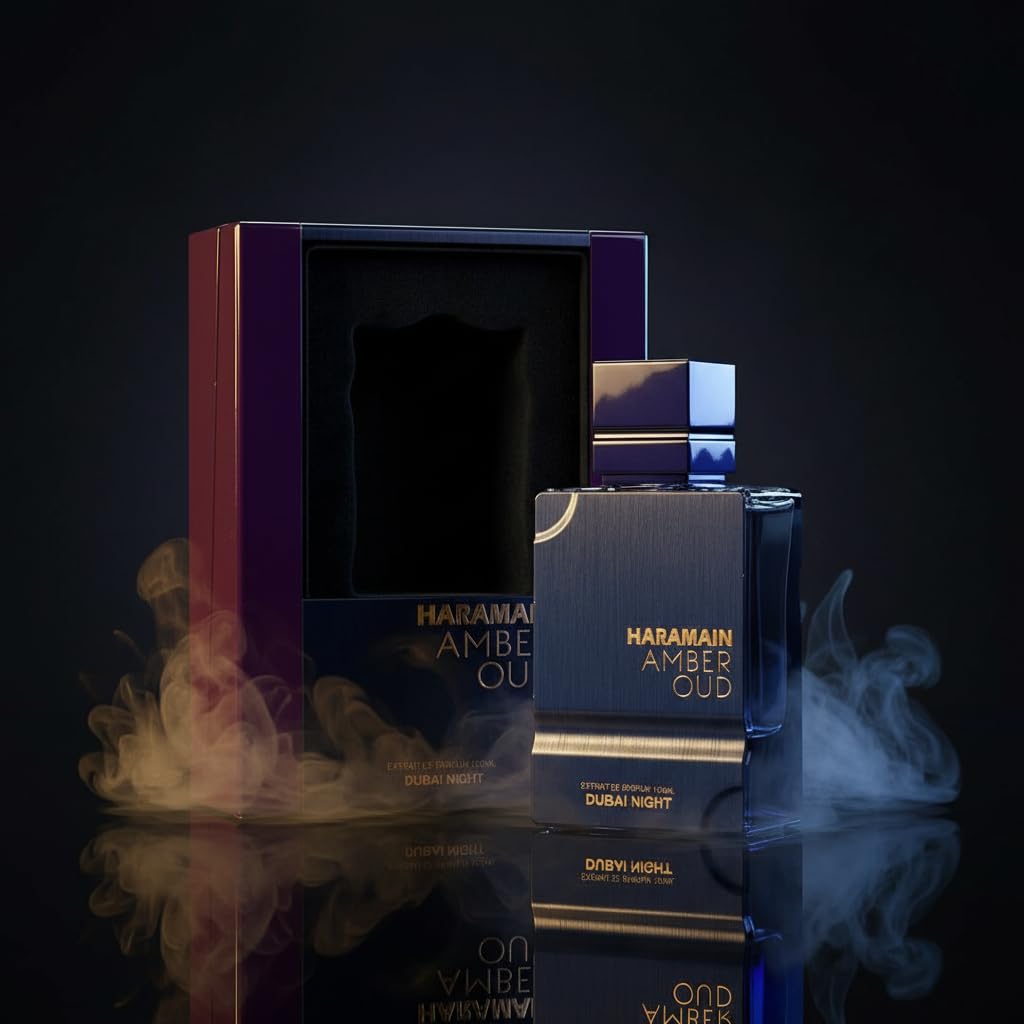Al Haramain Amber Oud Dubai Night label detail, elegant branding