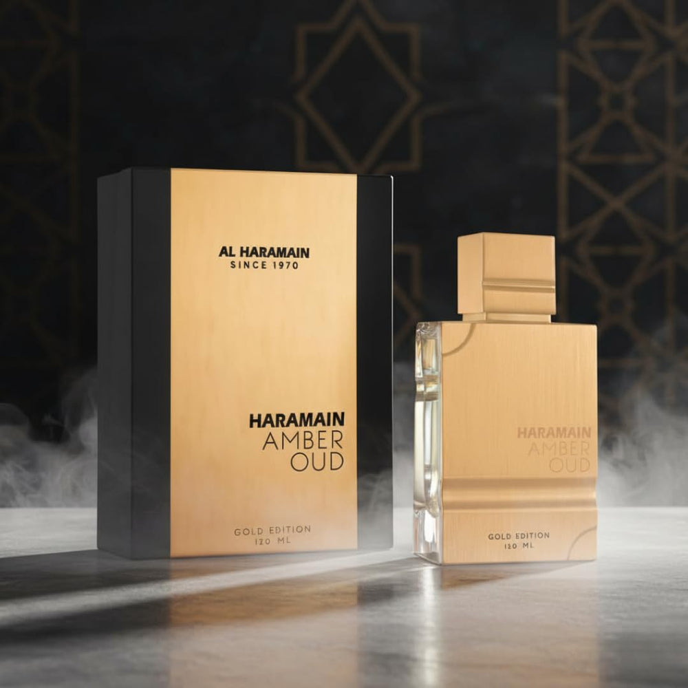 Close-up shows the amber-hued bottle silhouette and elegant branding of Amber Oud Gold Edition.