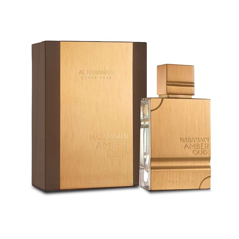 Al Haramain Amber Oud Gold Edition bottle closeup shows luxurious amber-oud notes for evening wear.